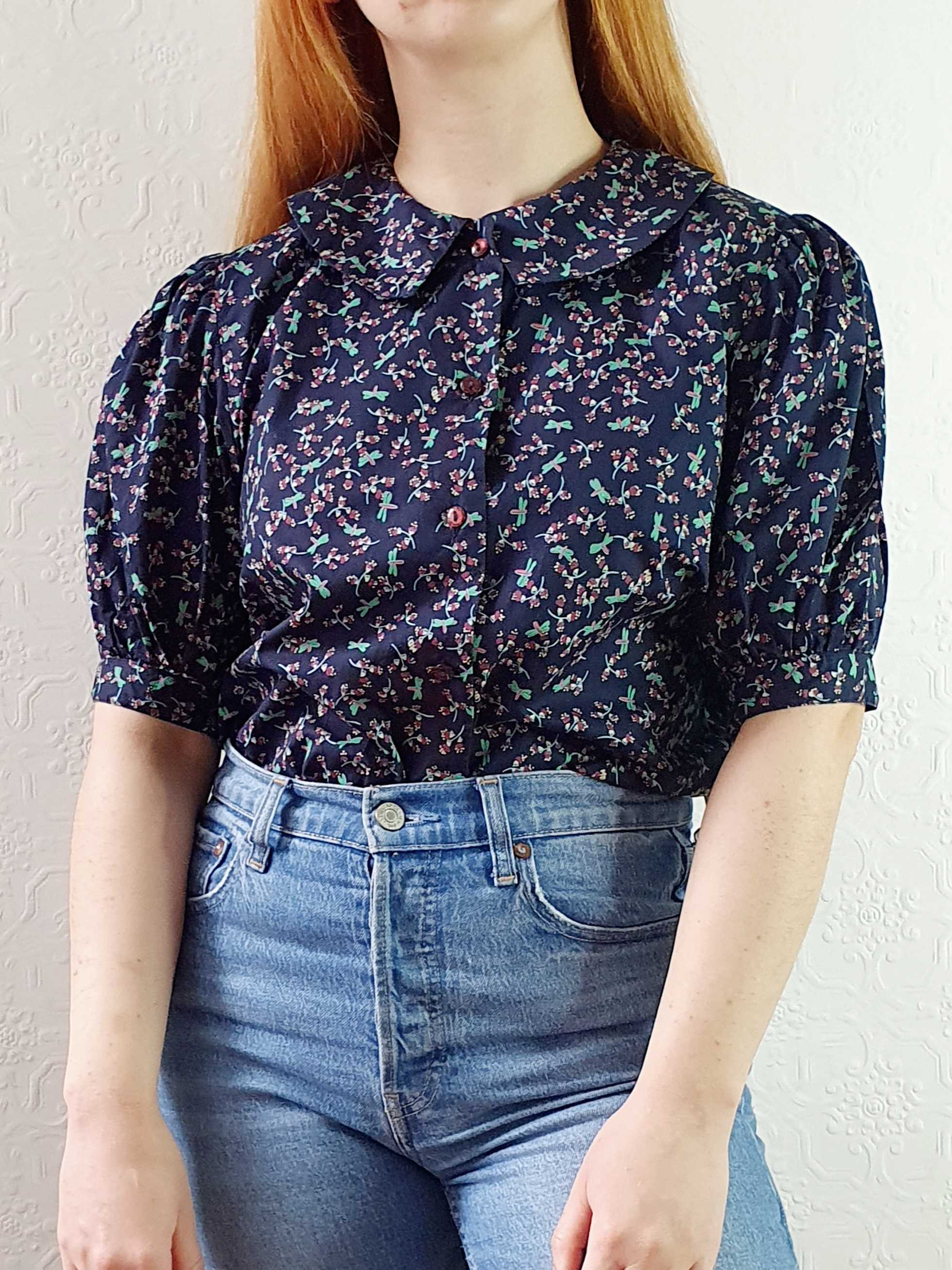 Vintage Navy Floral Puff Sleeve Cotton Blouse - S/M - Image 5