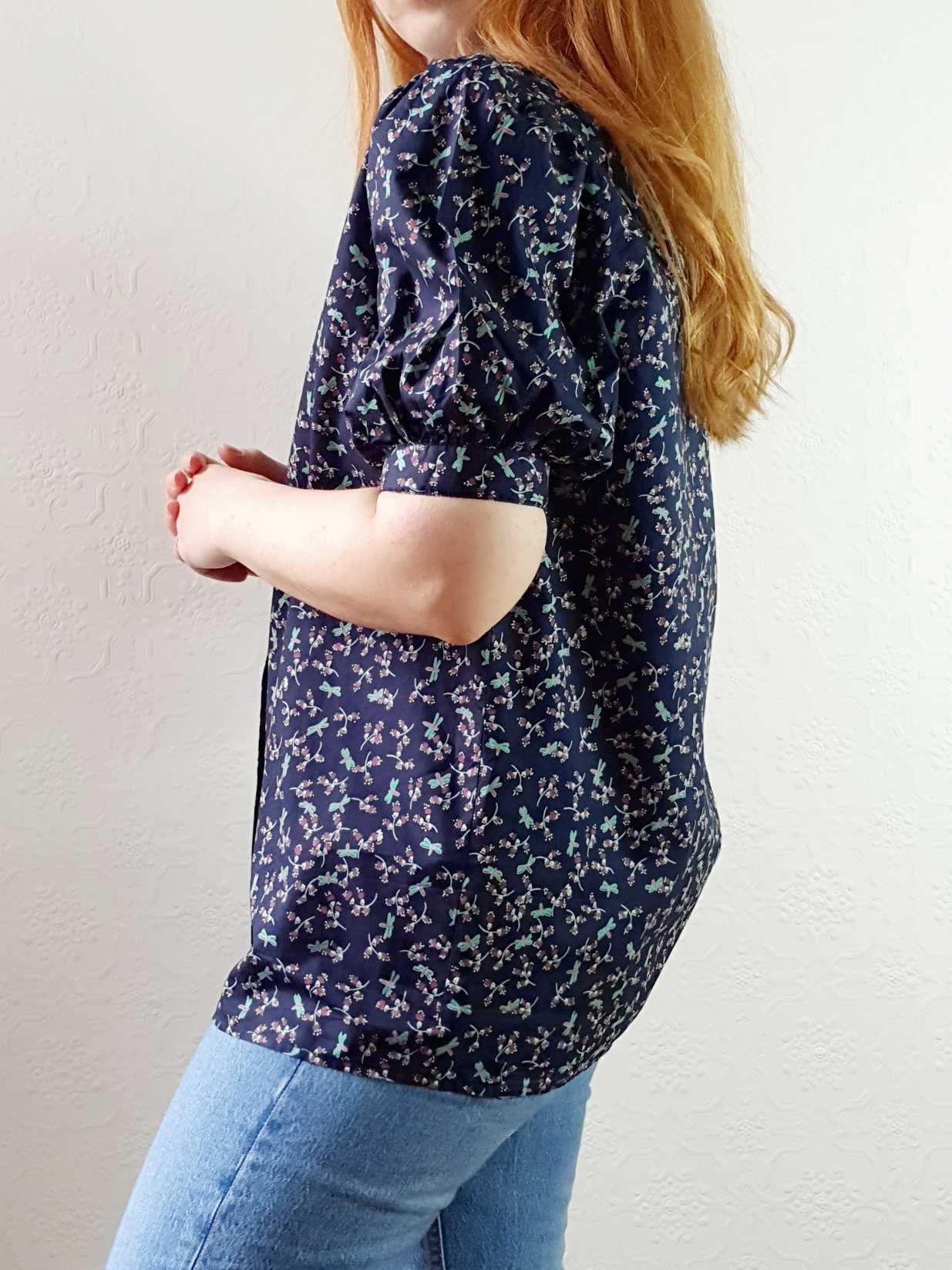 Vintage Navy Floral Puff Sleeve Cotton Blouse - S/M - Image 6