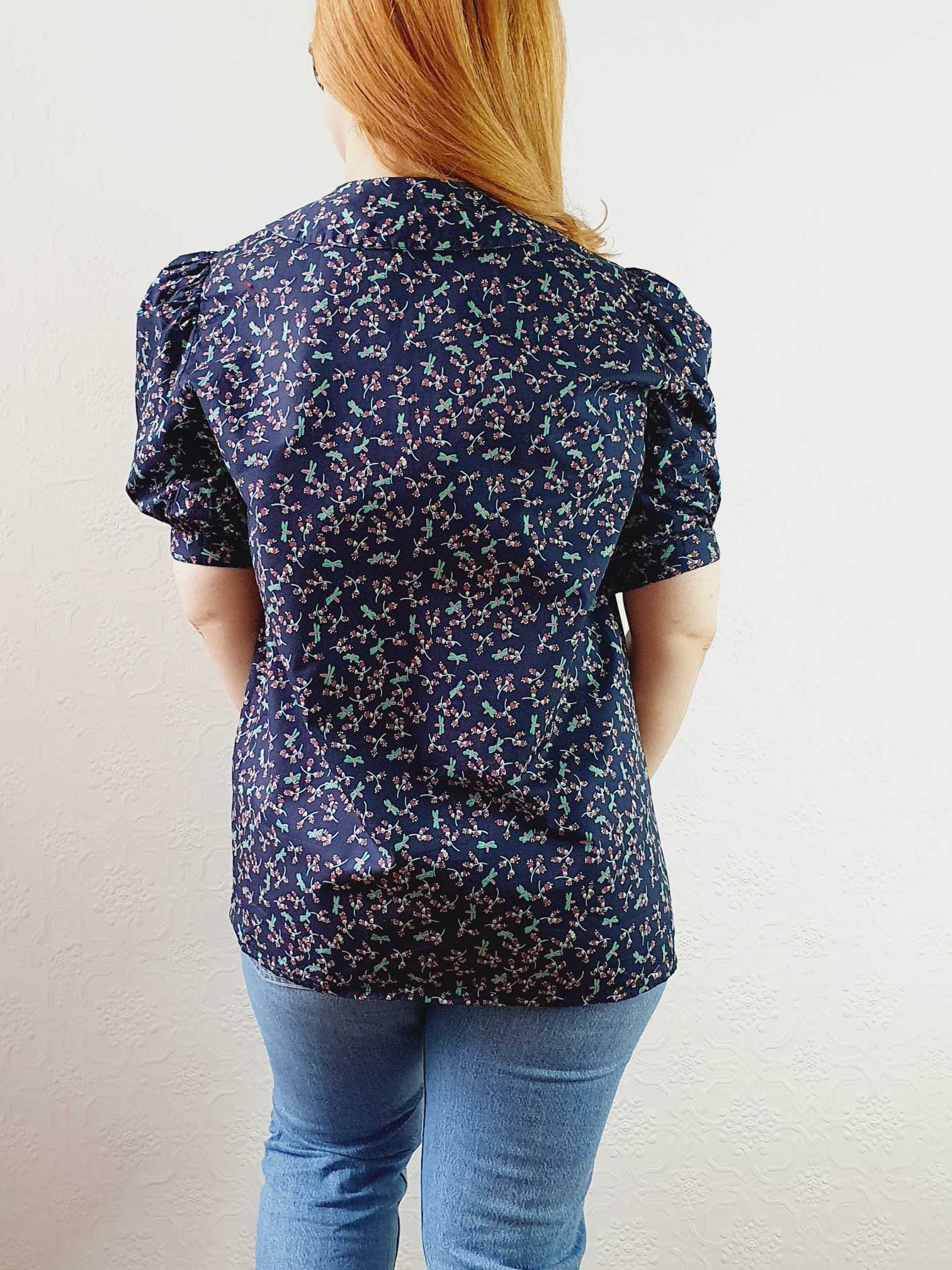 Vintage Navy Floral Puff Sleeve Cotton Blouse - S/M - Image 7