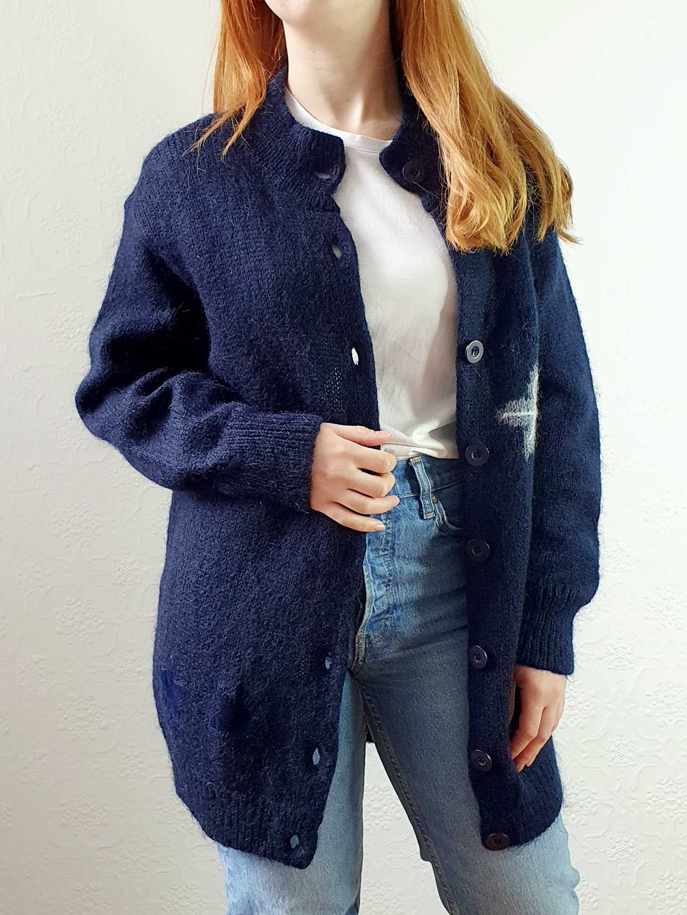 Vintage Navy Wool Long Cardigan with Embroidered Detail - M - Image 2