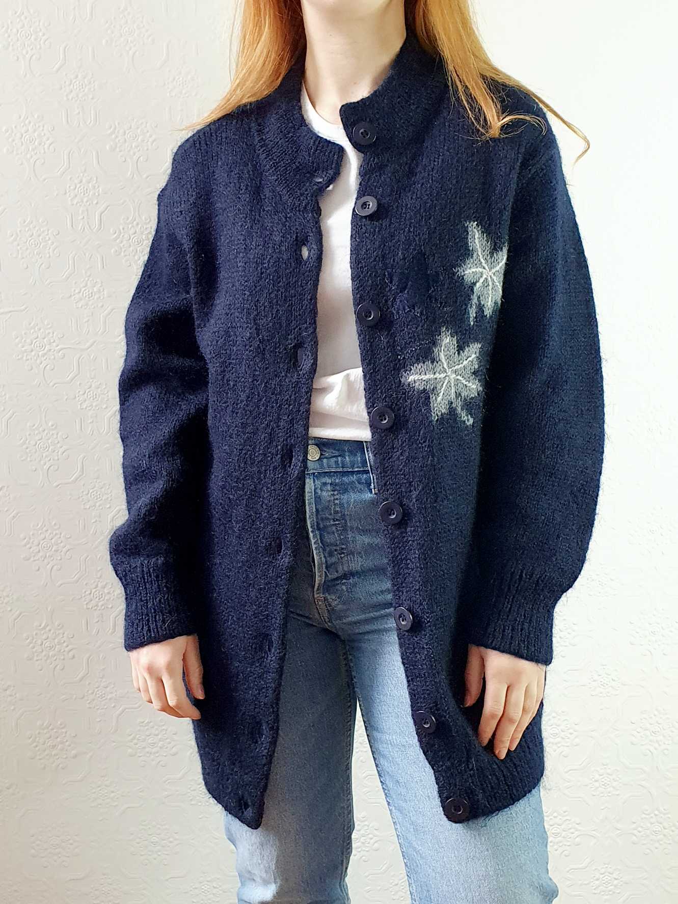 Vintage Navy Wool Long Cardigan with Embroidered Detail - M - Image 3
