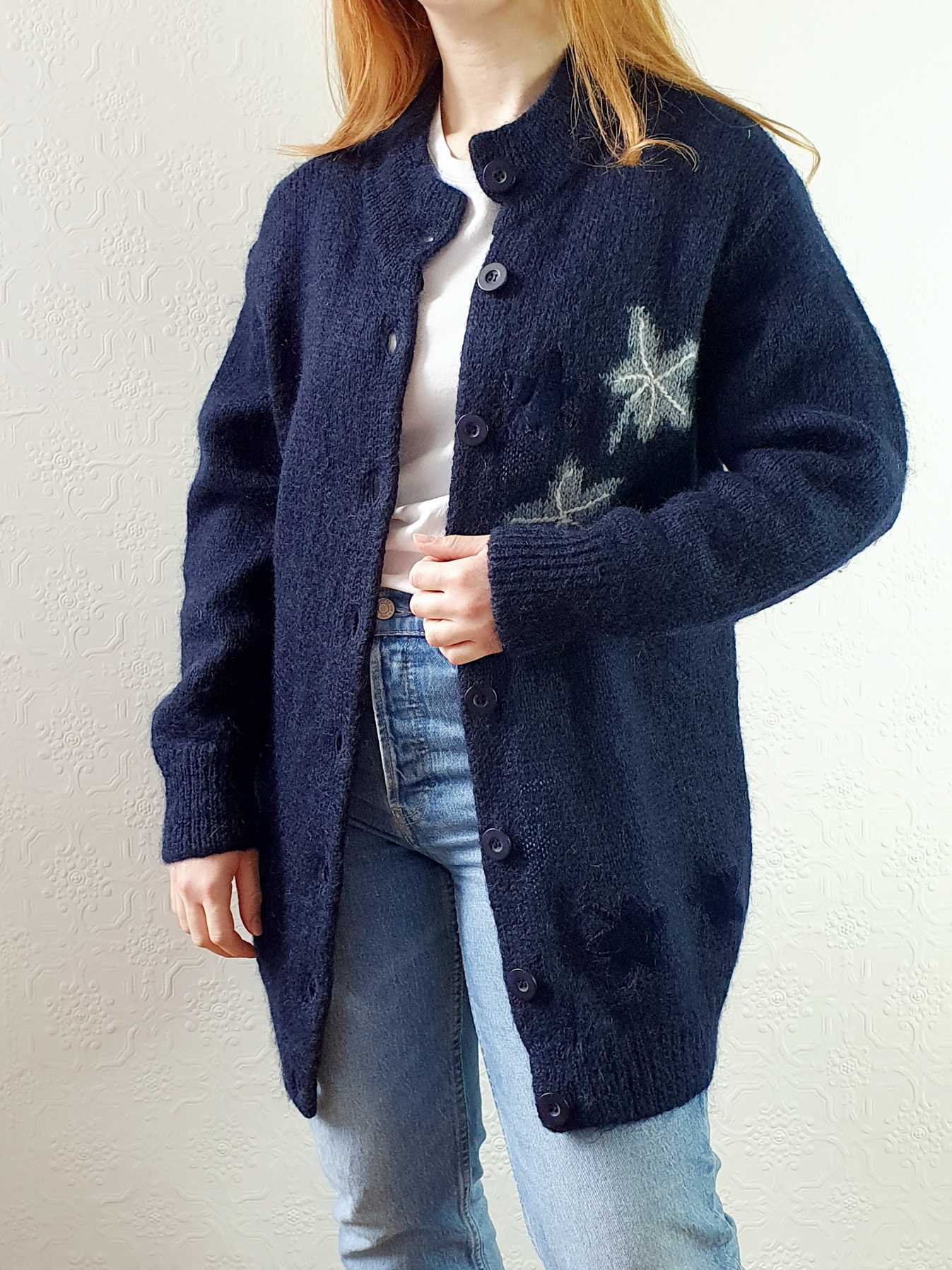 Vintage Navy Wool Long Cardigan with Embroidered Detail - M - Image 4