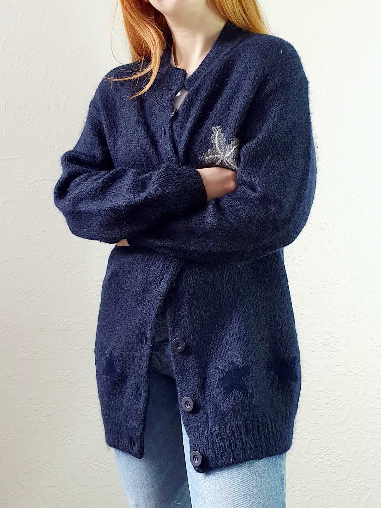 Vintage Navy Wool Long Cardigan with Embroidered Detail - M - Image 5