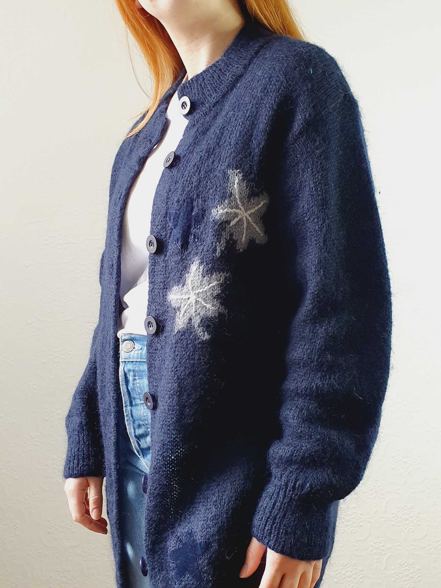 Vintage Navy Wool Long Cardigan with Embroidered Detail - M - Image 6
