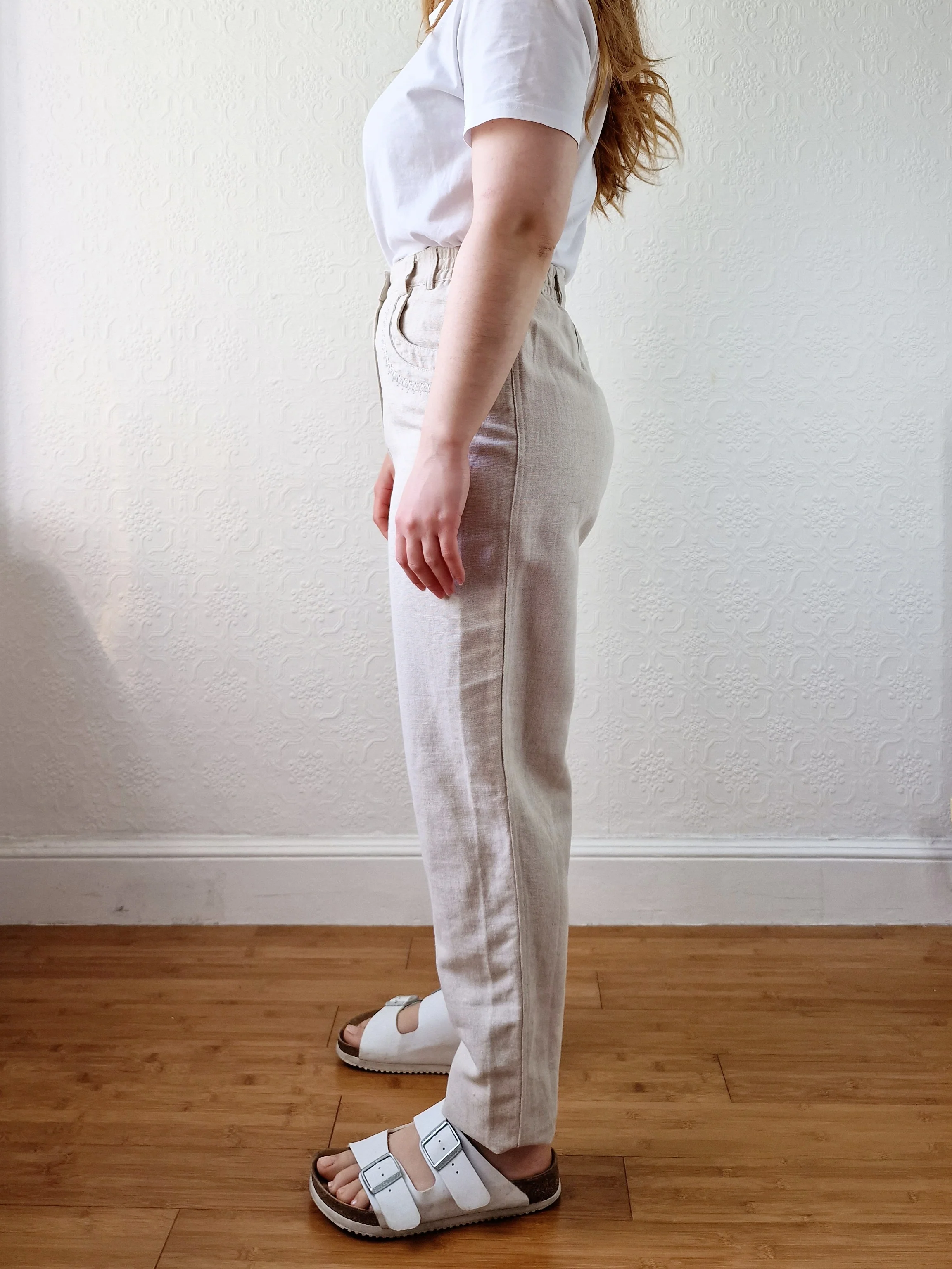 Vintage Oatmeal High Waisted Linen Trousers with Embroidery - S - Image 2