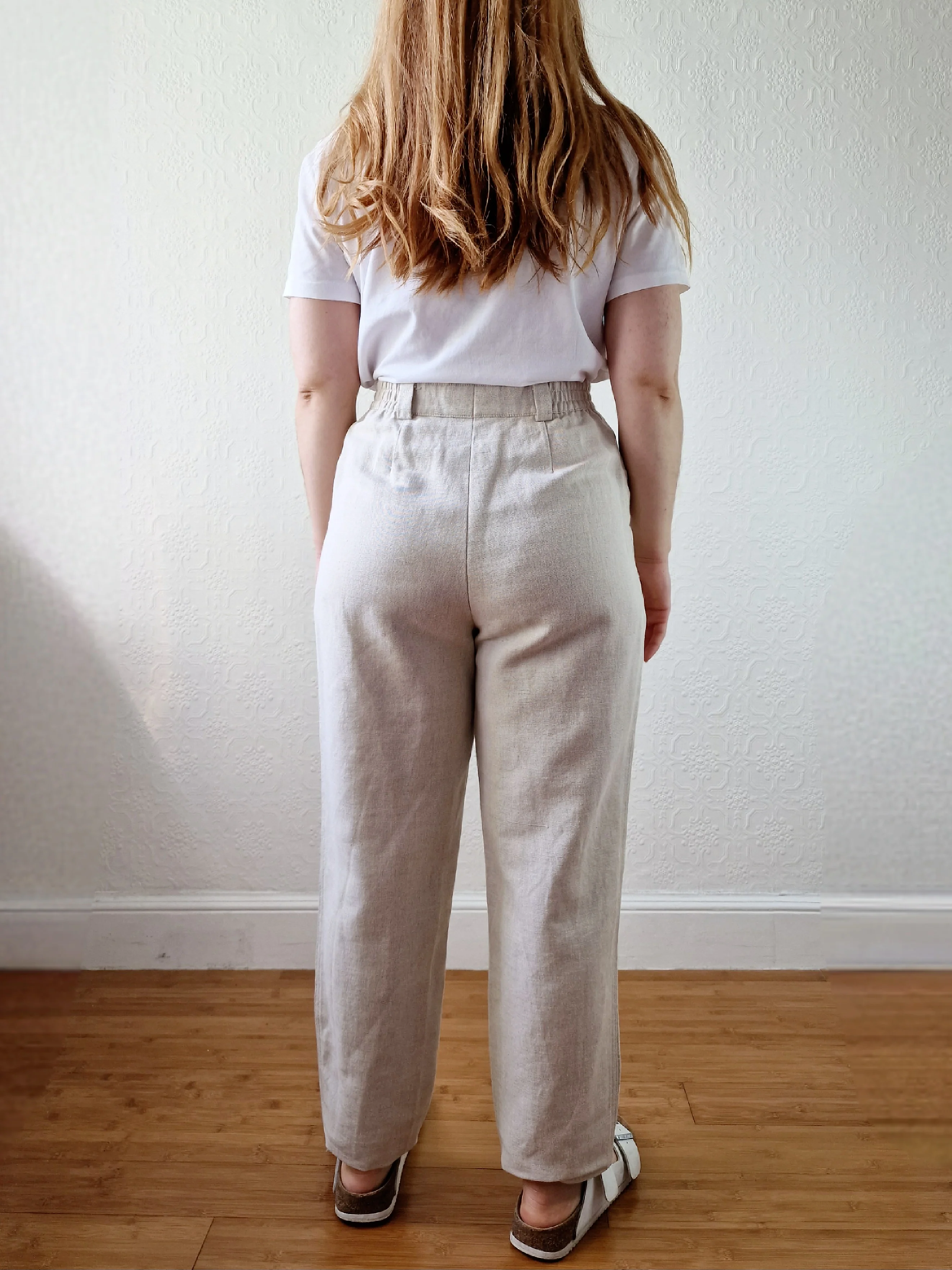 Vintage Oatmeal High Waisted Linen Trousers with Embroidery - S - Image 3