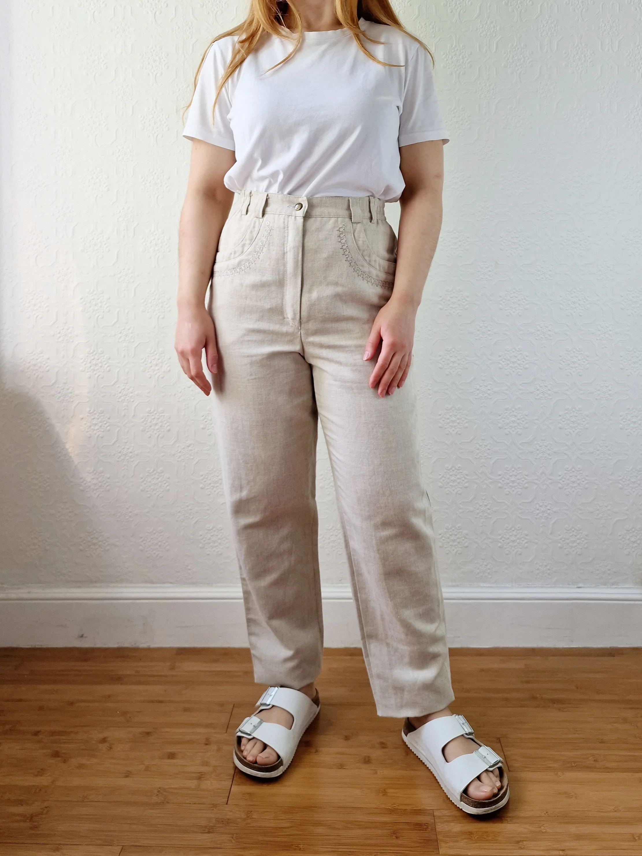 Vintage Oatmeal High Waisted Linen Trousers with Embroidery - S - Image 4