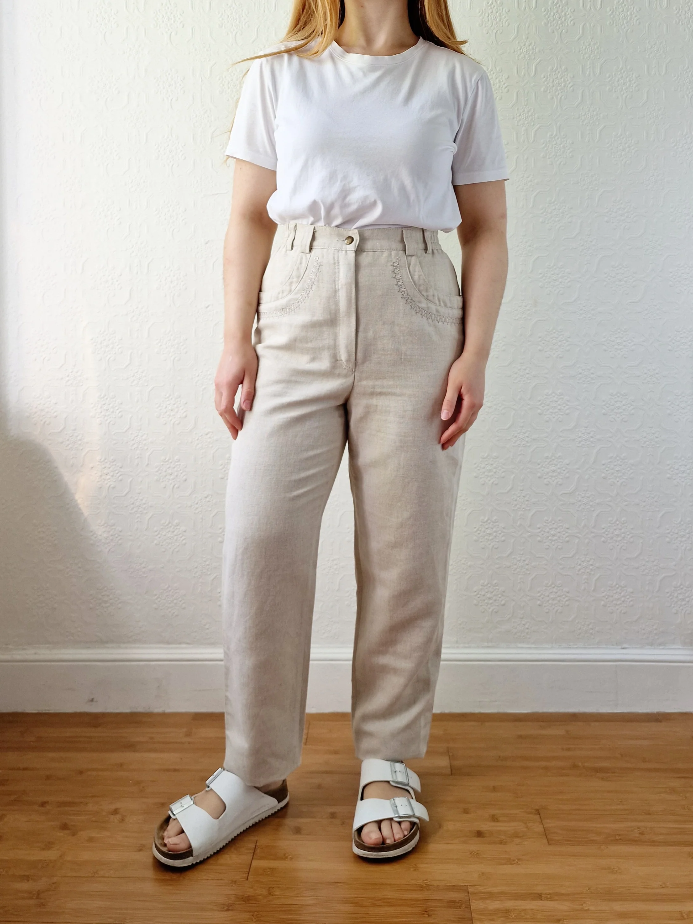 Vintage Oatmeal High Waisted Linen Trousers with Embroidery - S - Image 5