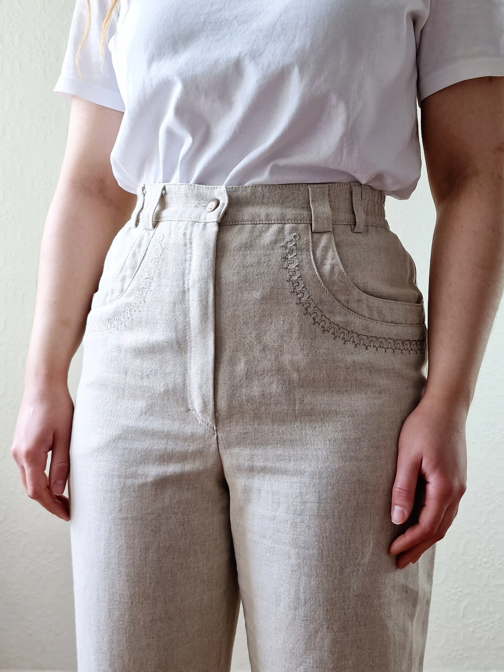 Vintage Oatmeal High Waisted Linen Trousers with Embroidery - S - Image 6