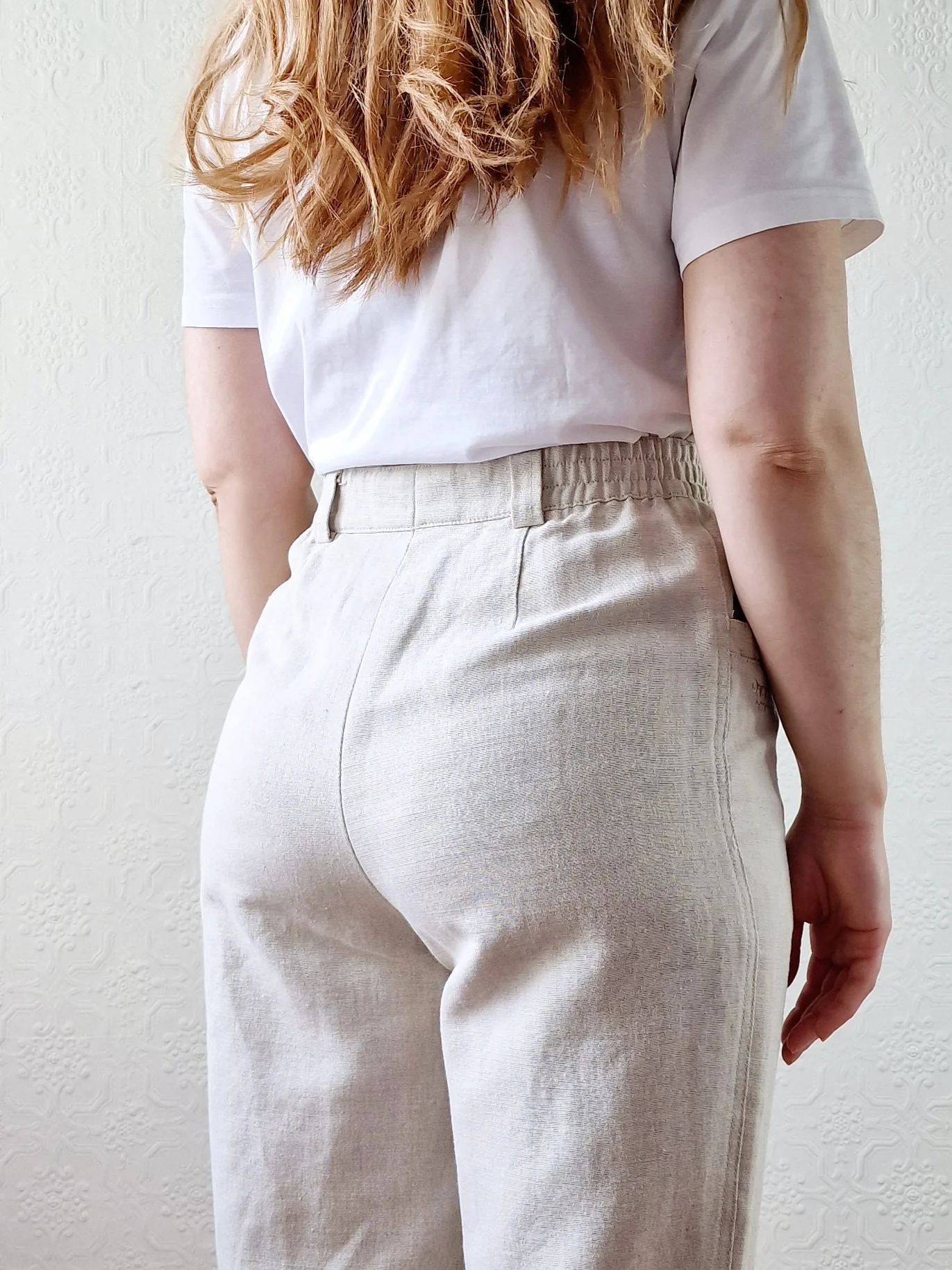 Vintage Oatmeal High Waisted Linen Trousers with Embroidery - S - Image 7