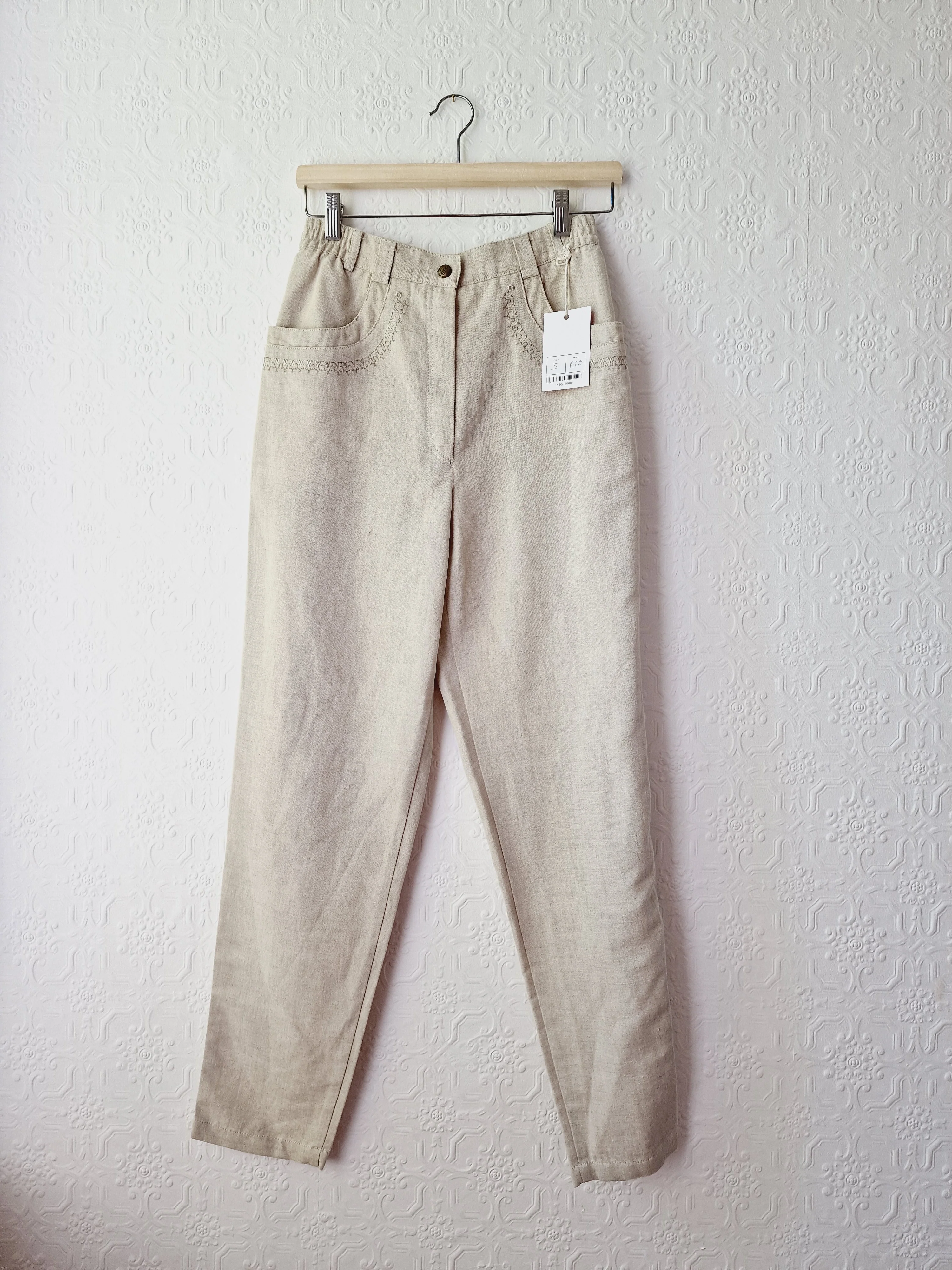 Vintage Oatmeal High Waisted Linen Trousers with Embroidery - S - Image 8