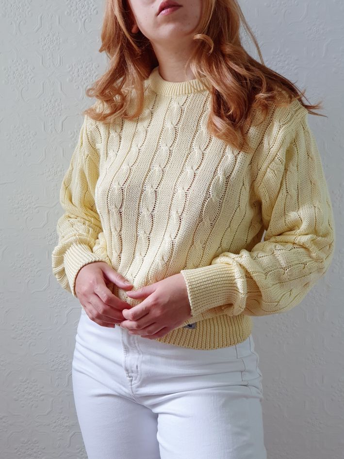 Vintage Pale Yellow Cable Knit Cotton Jumper - M - Image 2