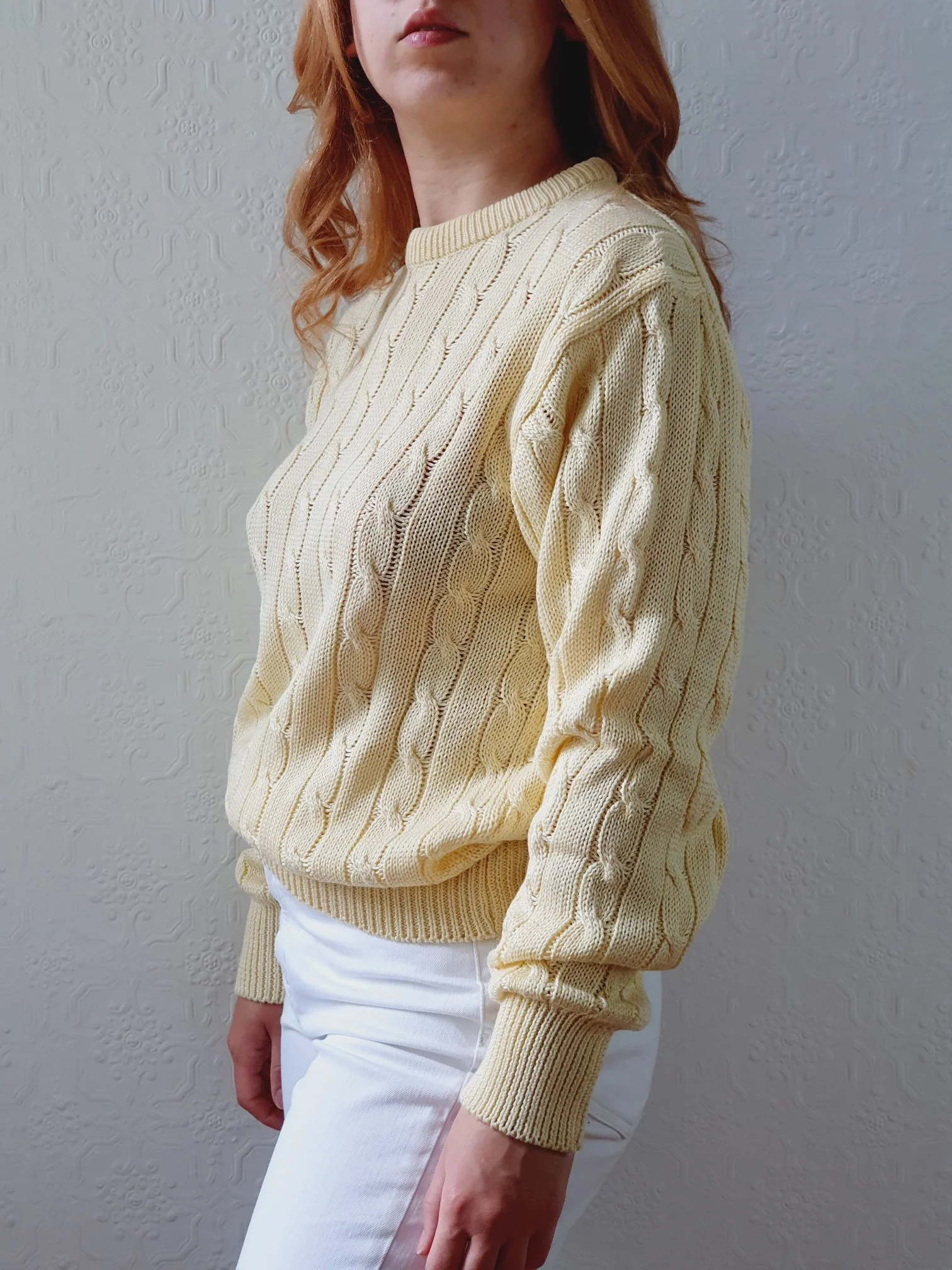 Vintage Pale Yellow Cable Knit Cotton Jumper - M - Image 3