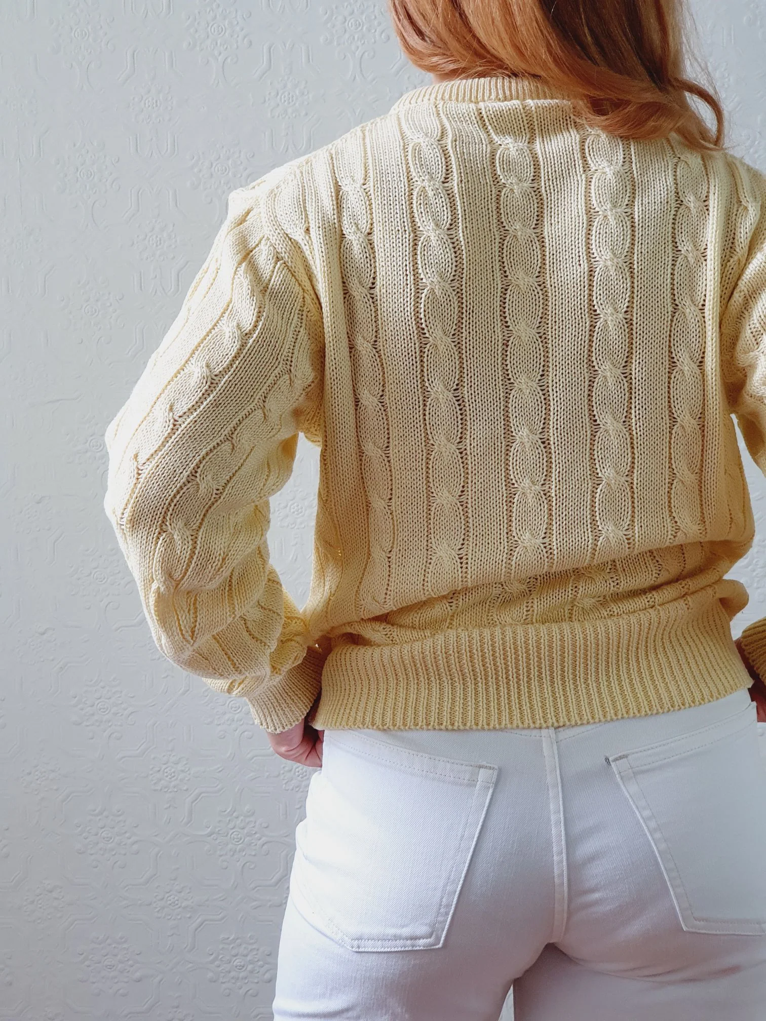 Vintage Pale Yellow Cable Knit Cotton Jumper - M - Image 4
