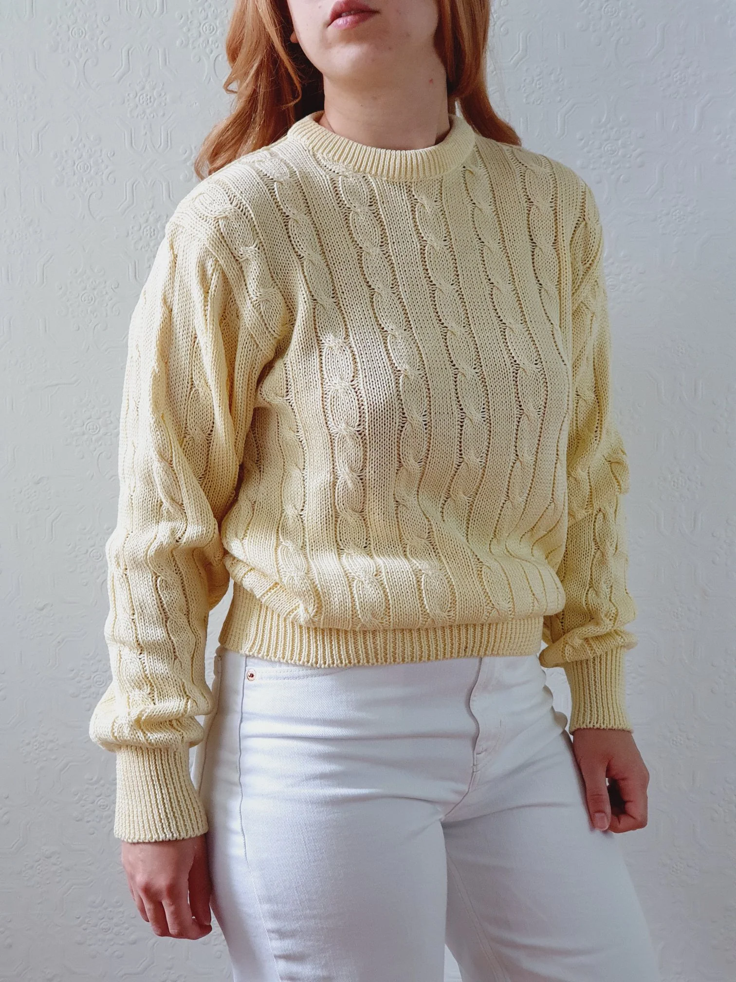 Vintage Pale Yellow Cable Knit Cotton Jumper - M - Image 5