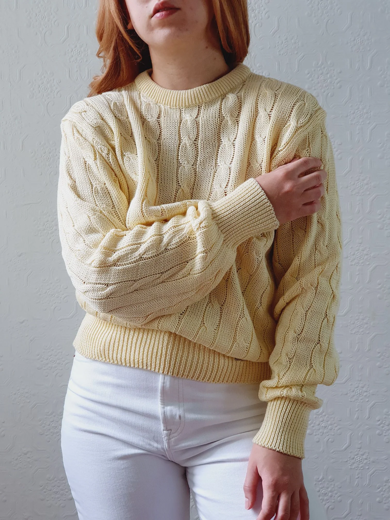 Vintage Pale Yellow Cable Knit Cotton Jumper - M - Image 6