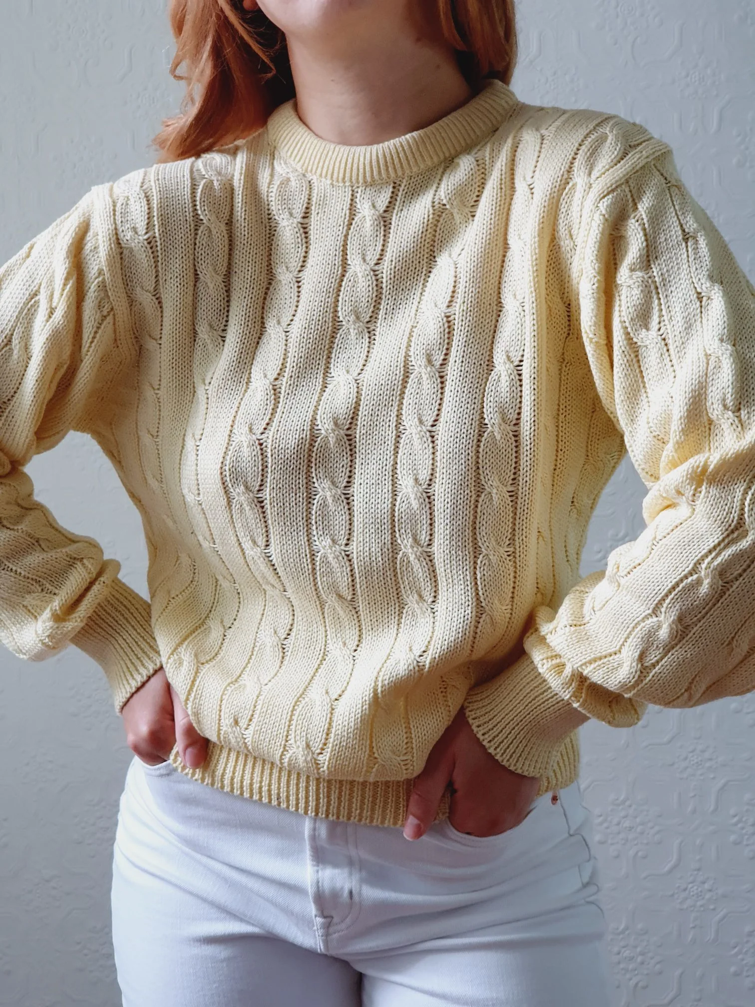Vintage Pale Yellow Cable Knit Cotton Jumper - M - Image 7