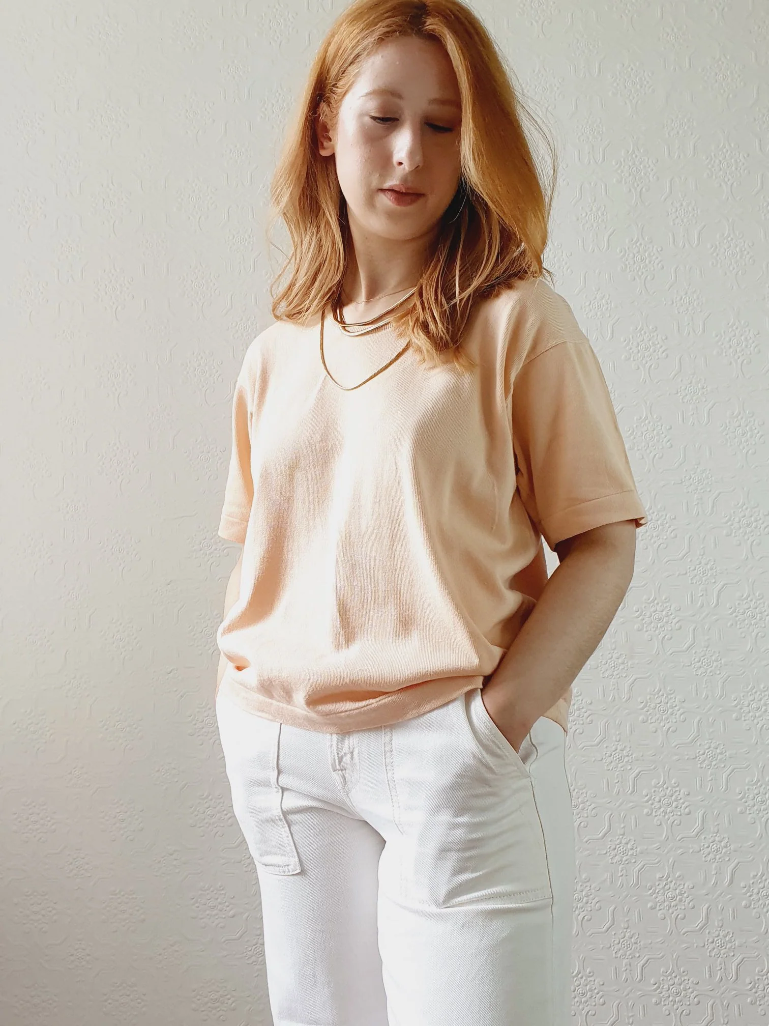 Vintage Peach Cotton Knit Tee - L - Image 7