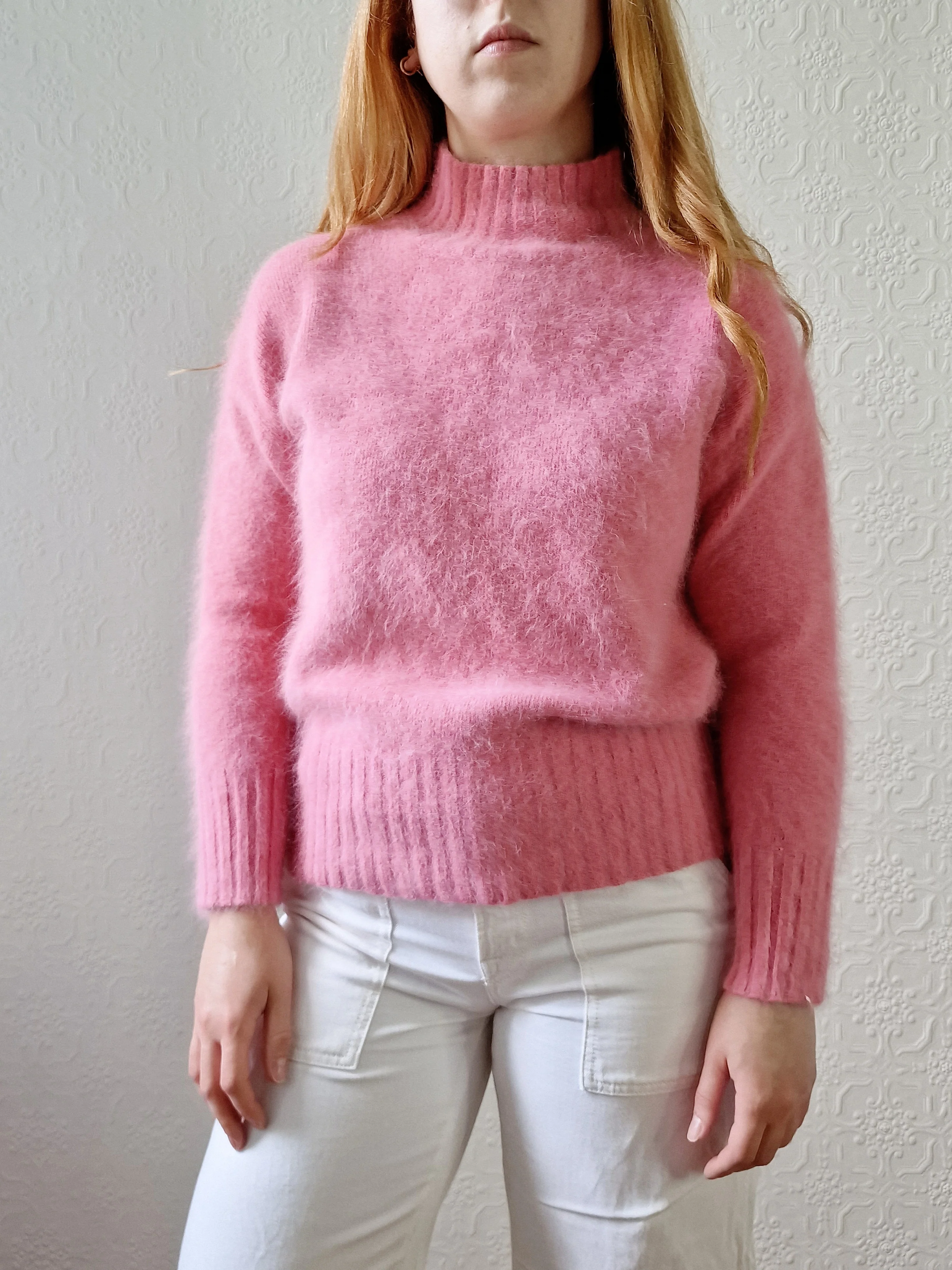 Vintage Pink Angora Jumper with High Neck - S