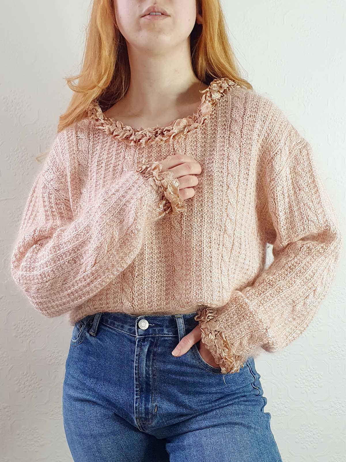 Vintage Pink Cable Knit Mohair Jumper - XL