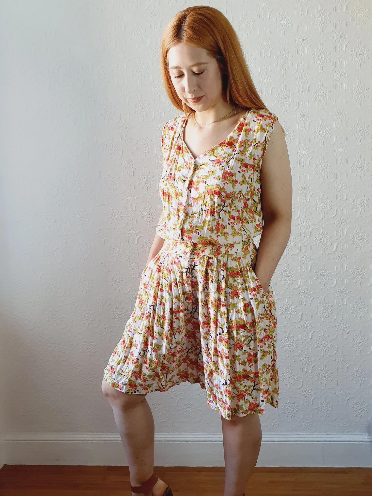 Vintage Pink & Green Floral Playsuit - M - Image 3