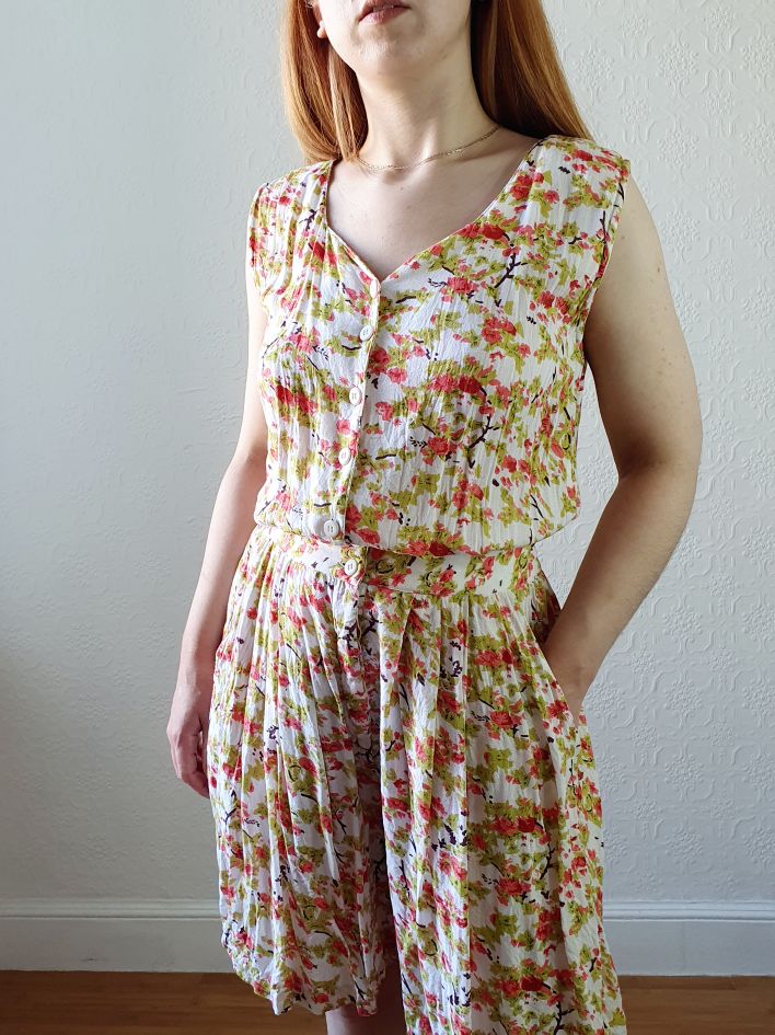 Vintage Pink & Green Floral Playsuit - M - Image 7