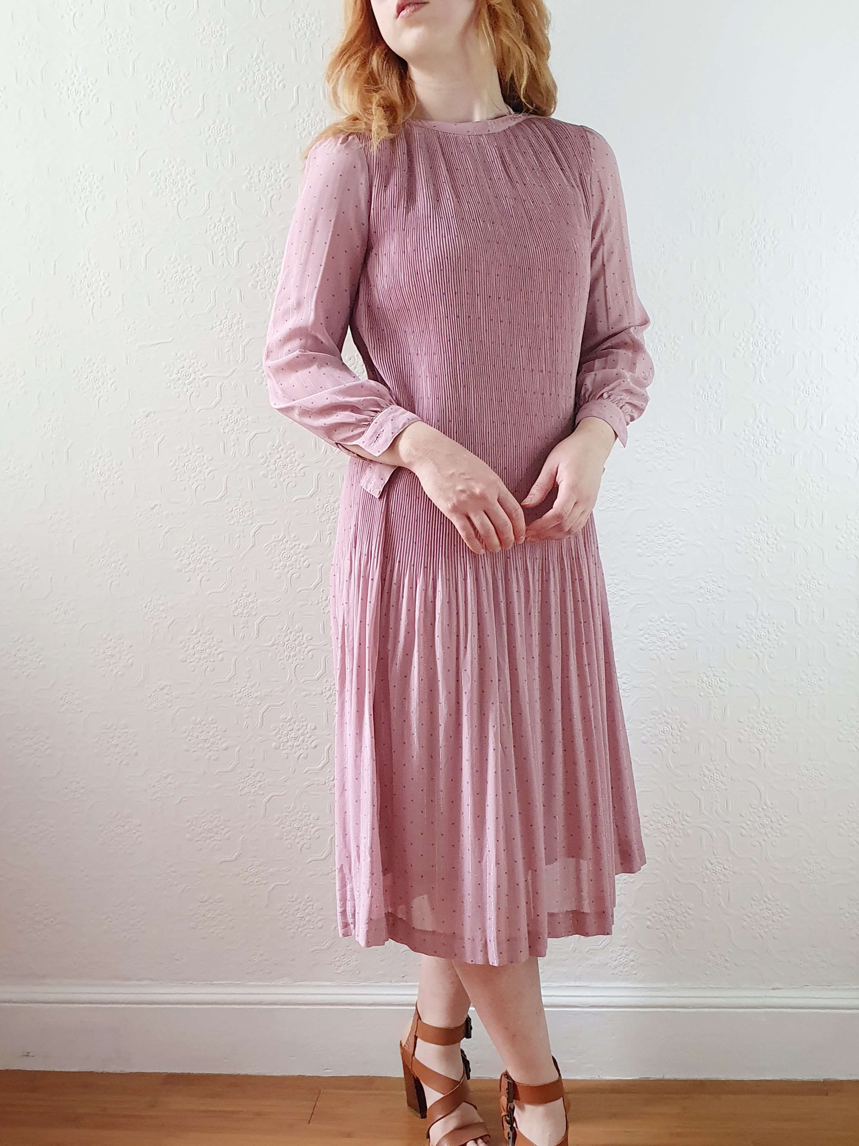 Vintage Pink Micro Pleated Long Sleeve Dress - XS/S