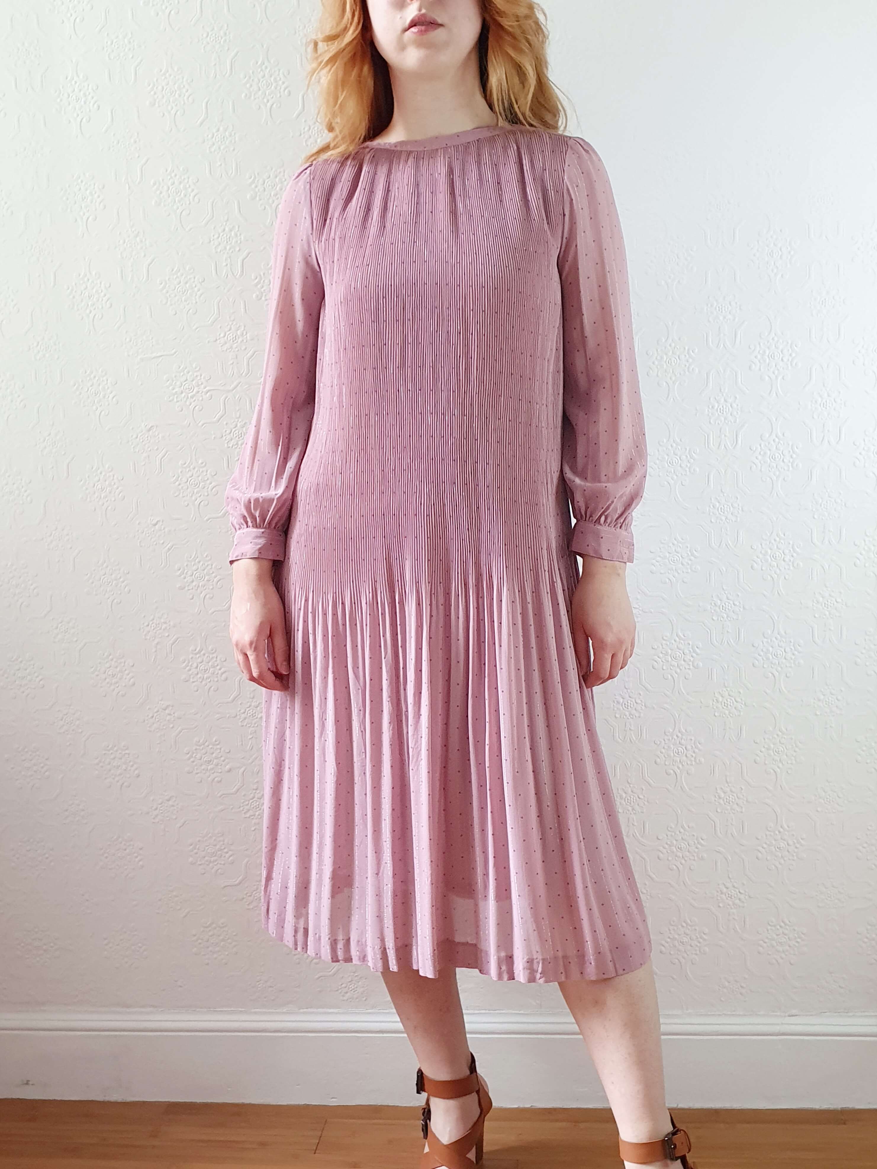 Vintage Pink Micro Pleated Long Sleeve Dress - XS/S - Image 10
