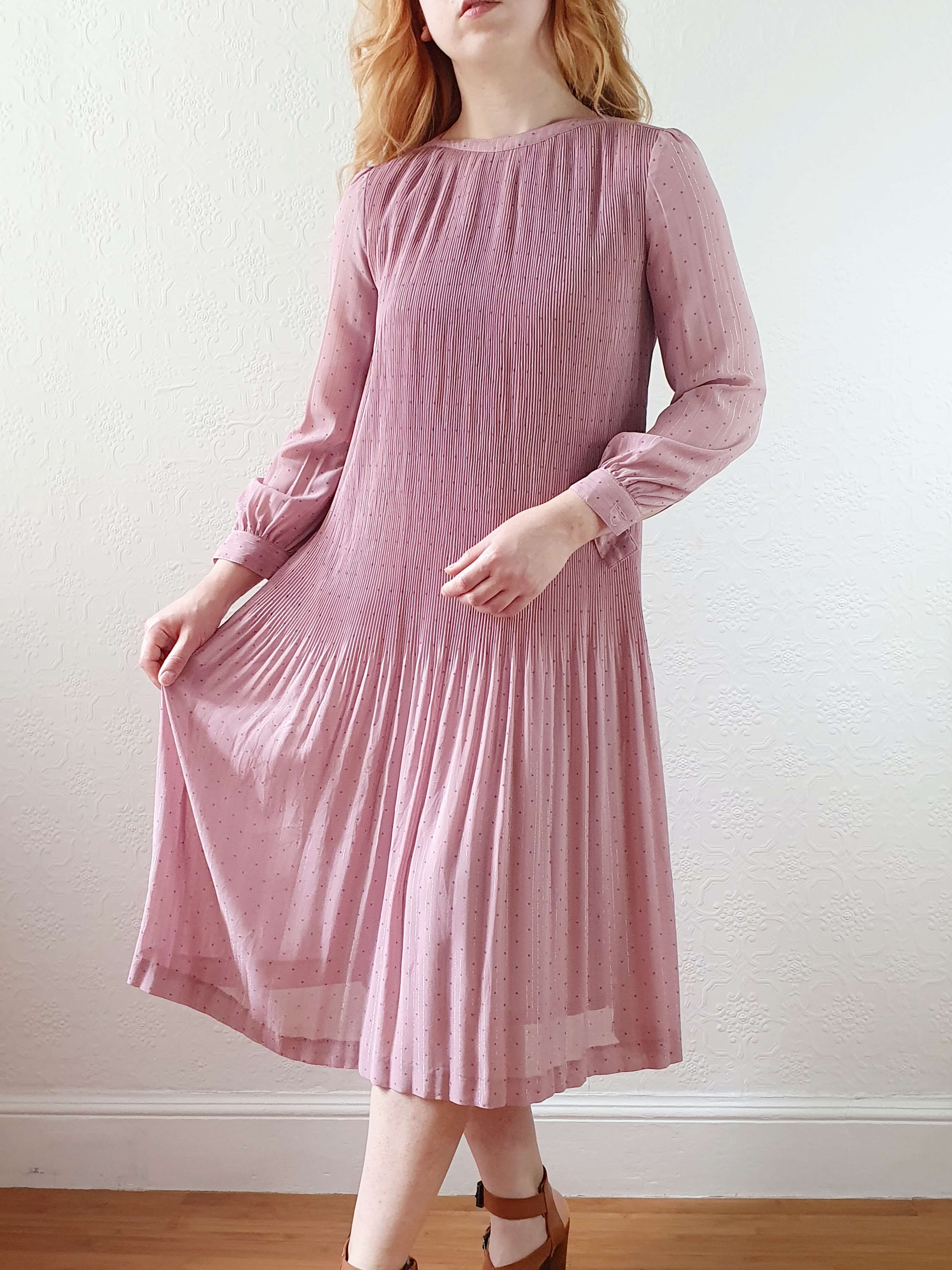 Vintage Pink Micro Pleated Long Sleeve Dress - XS/S - Image 11