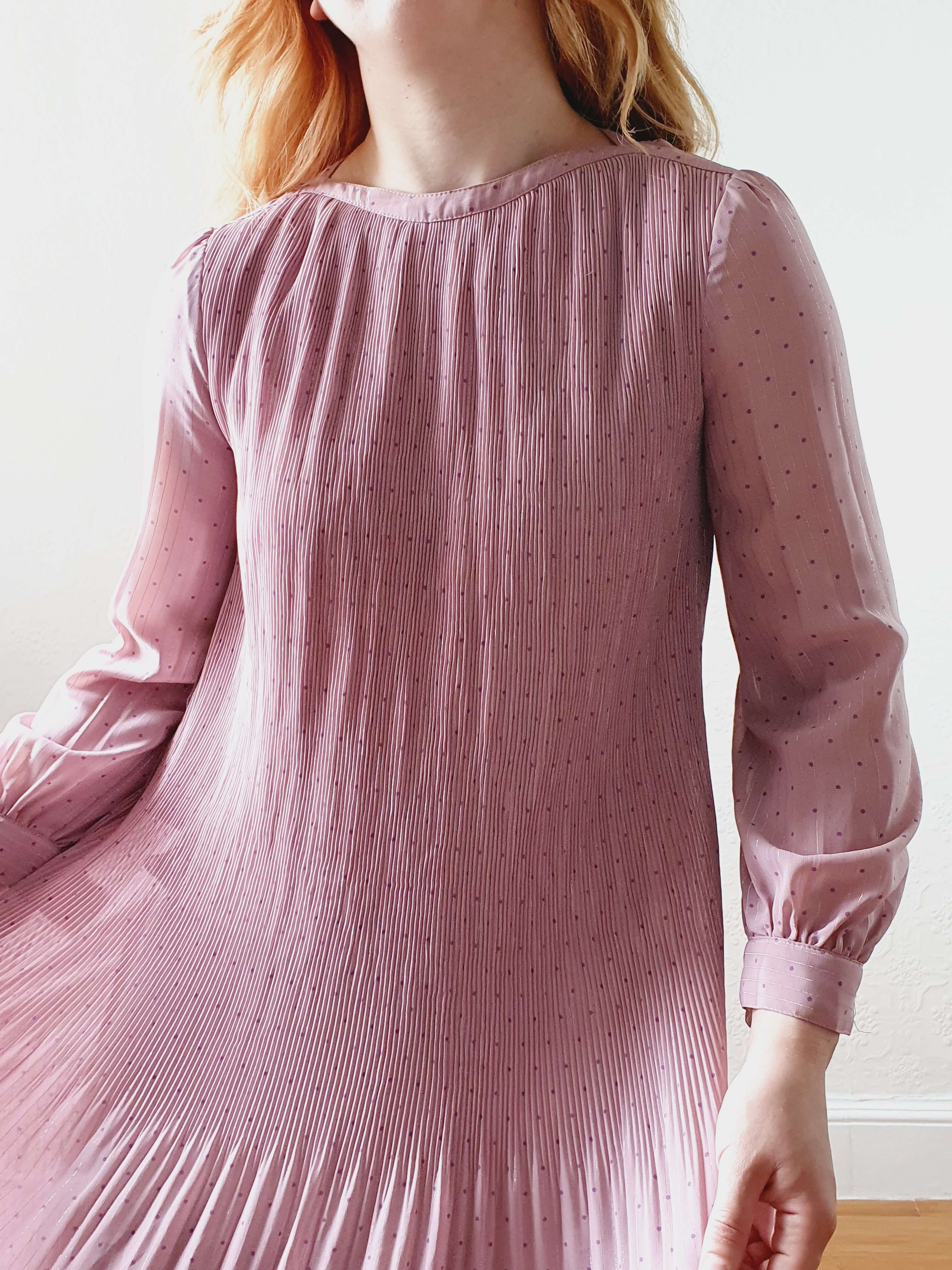Vintage Pink Micro Pleated Long Sleeve Dress - XS/S - Image 12
