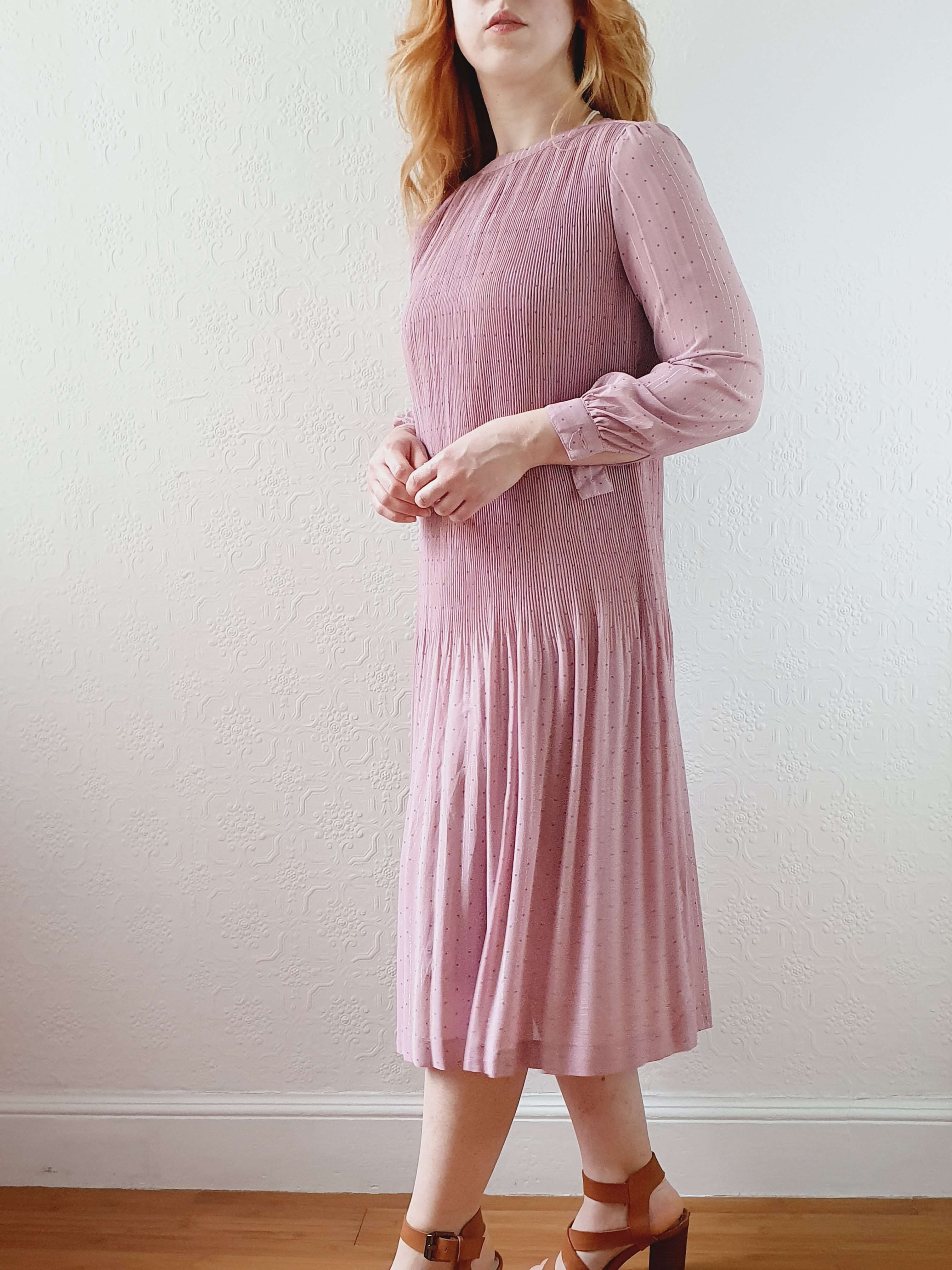 Vintage Pink Micro Pleated Long Sleeve Dress - XS/S - Image 2
