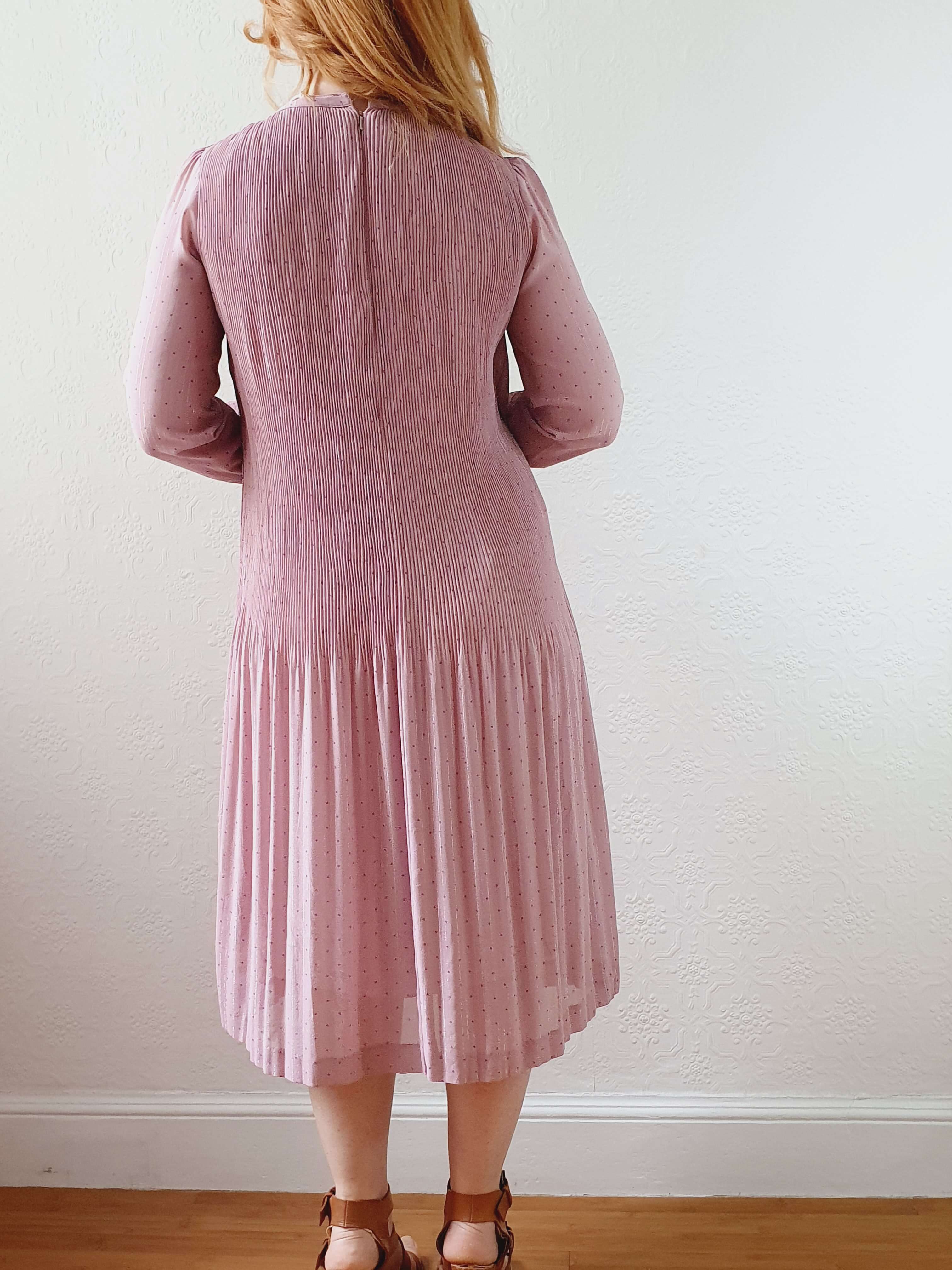 Vintage Pink Micro Pleated Long Sleeve Dress - XS/S - Image 5