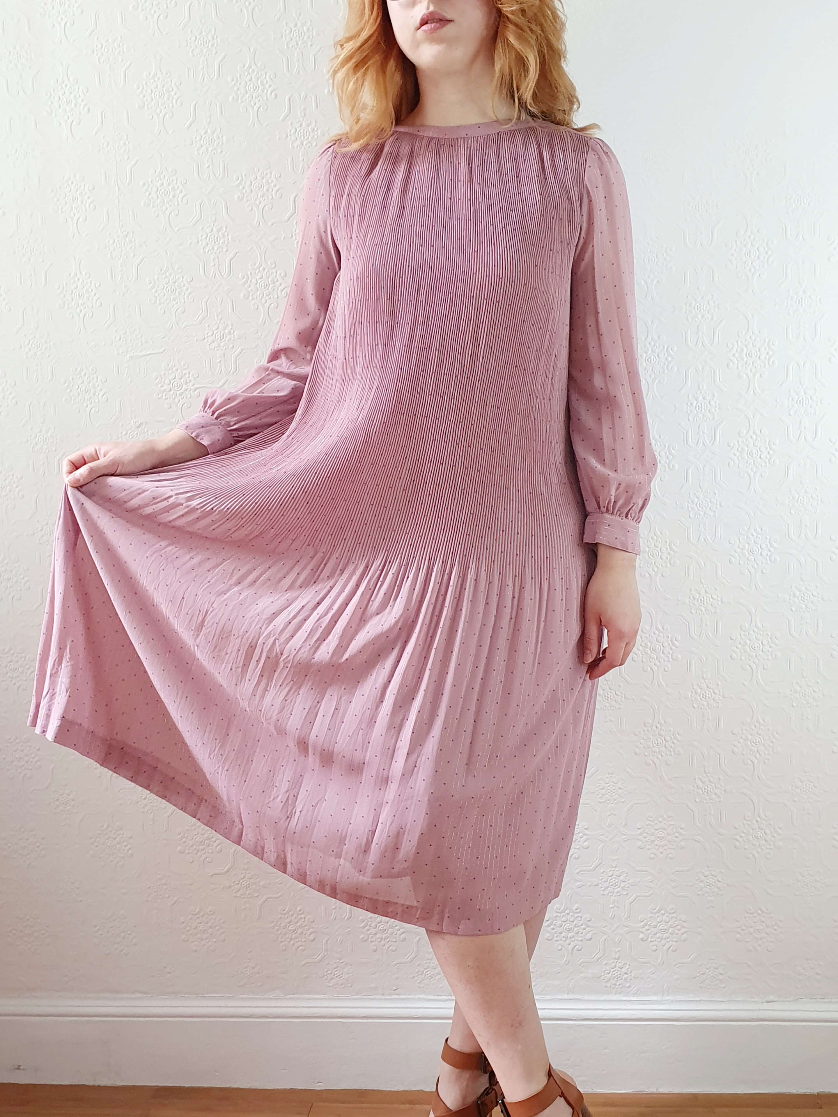 Vintage Pink Micro Pleated Long Sleeve Dress - XS/S - Image 7