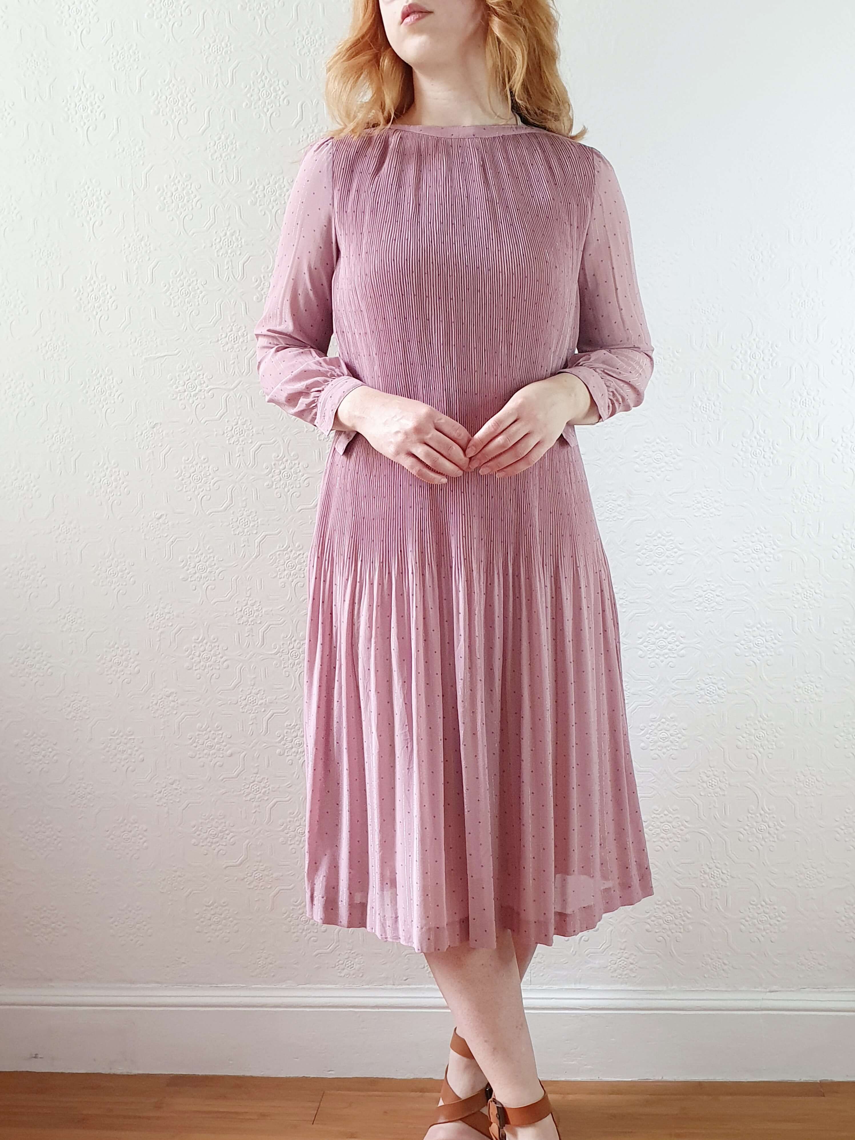 Vintage Pink Micro Pleated Long Sleeve Dress - XS/S - Image 8