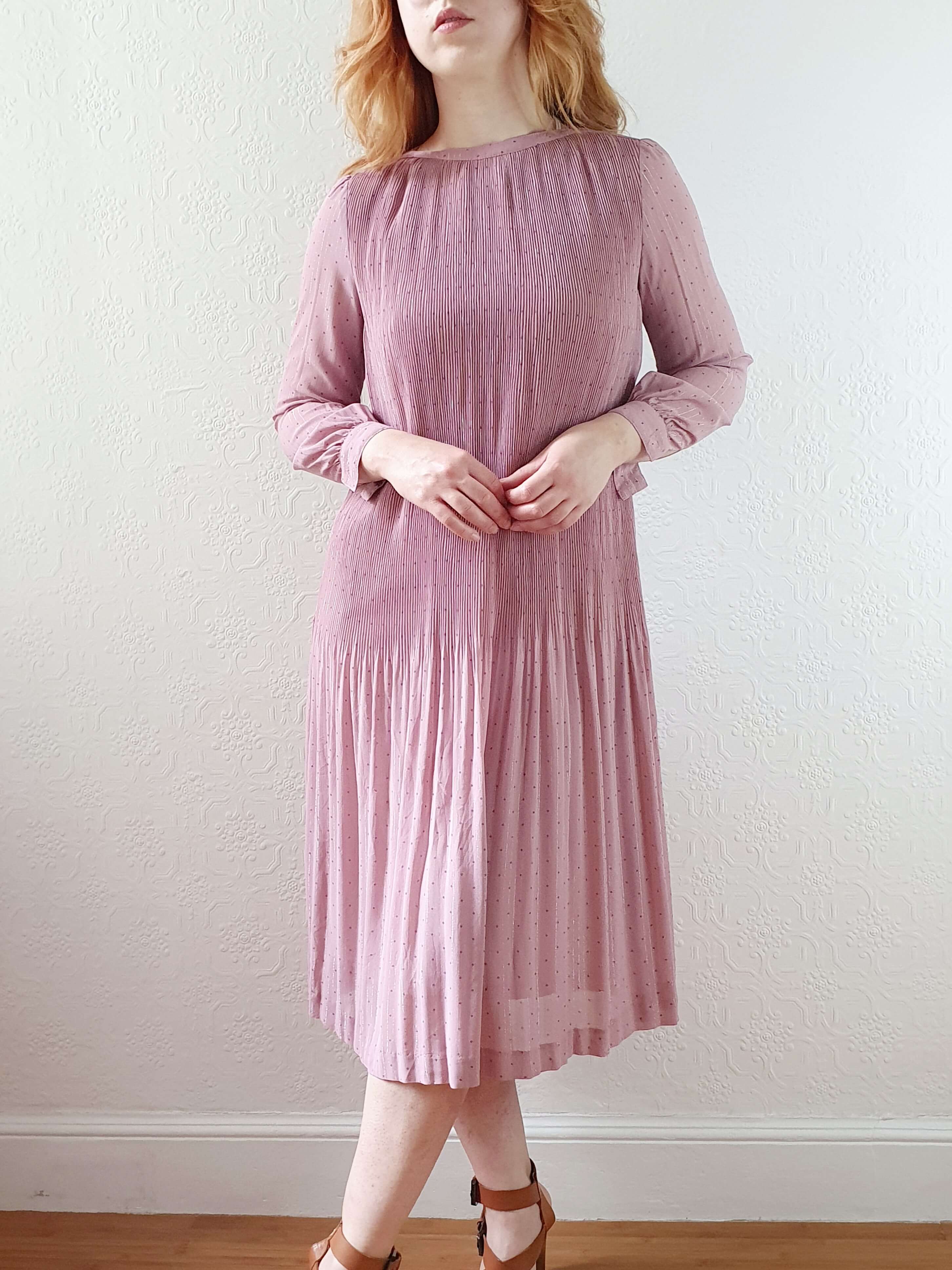 Vintage Pink Micro Pleated Long Sleeve Dress - XS/S - Image 9
