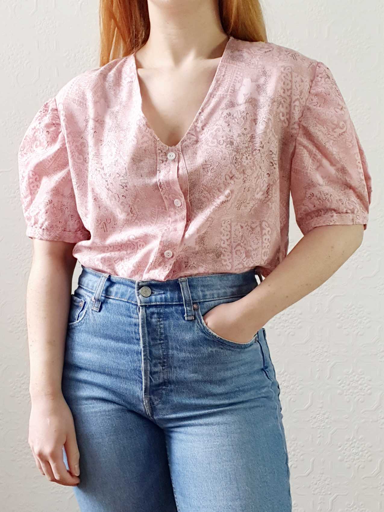 Vintage Pink Puff Sleeve V-Neck Blouse - M/L - Image 2