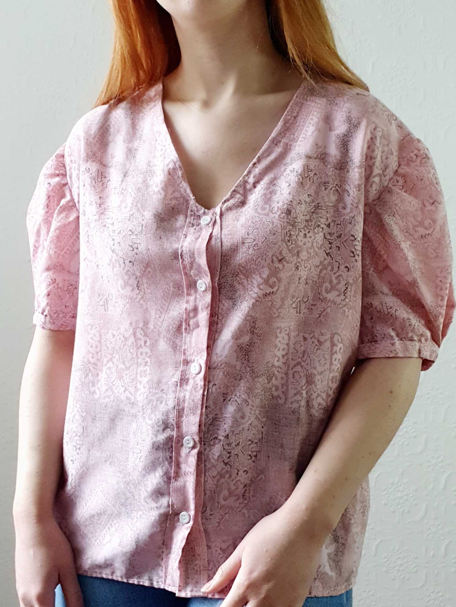 Vintage Pink Puff Sleeve V-Neck Blouse - M/L - Image 3