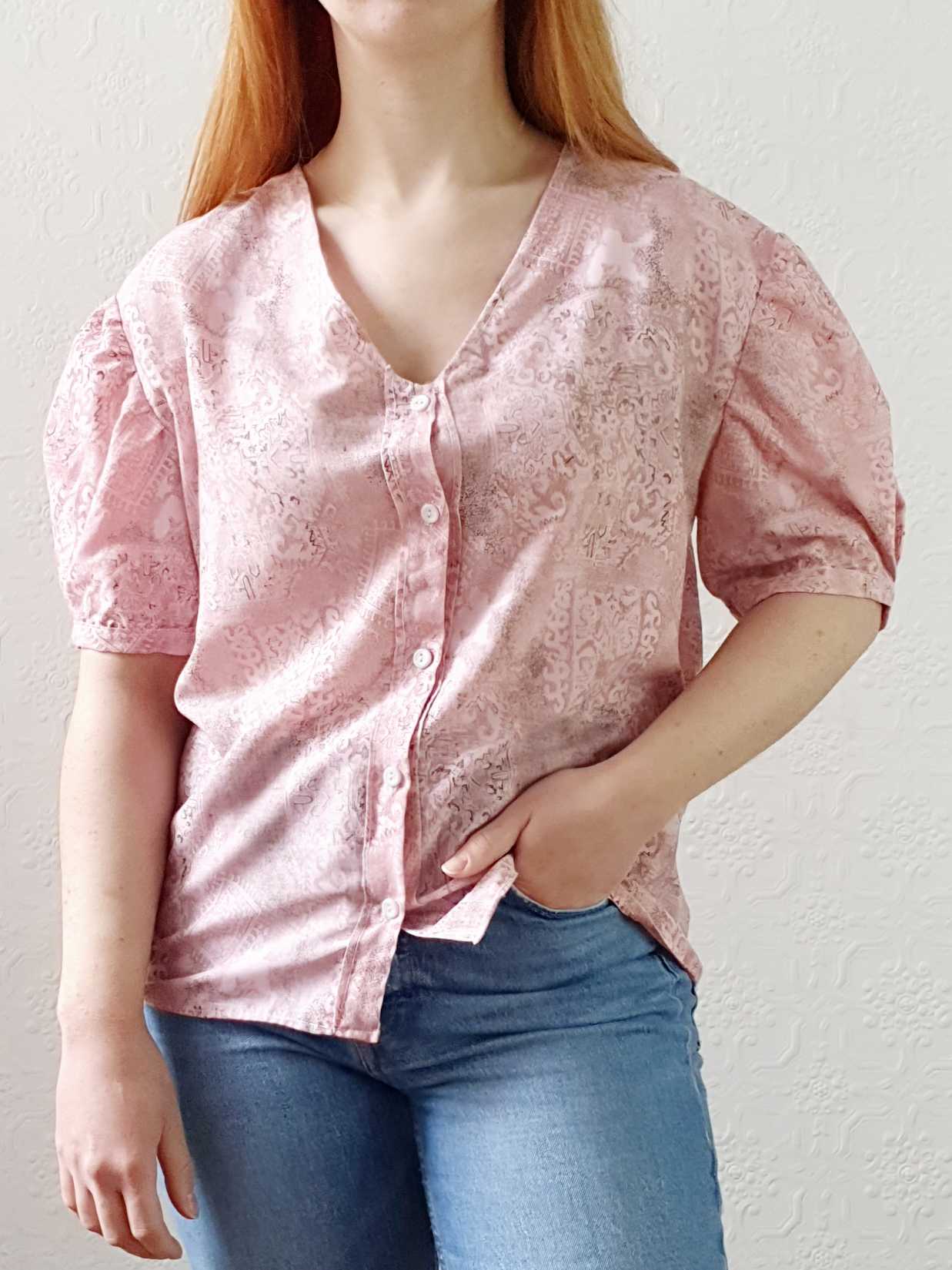 Vintage Pink Puff Sleeve V-Neck Blouse - M/L - Image 4