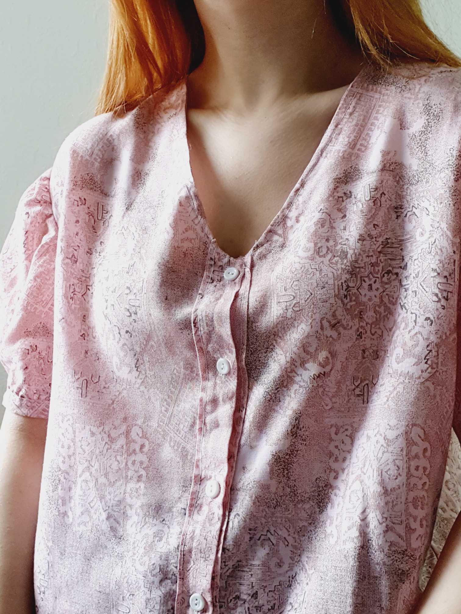 Vintage Pink Puff Sleeve V-Neck Blouse - M/L - Image 6
