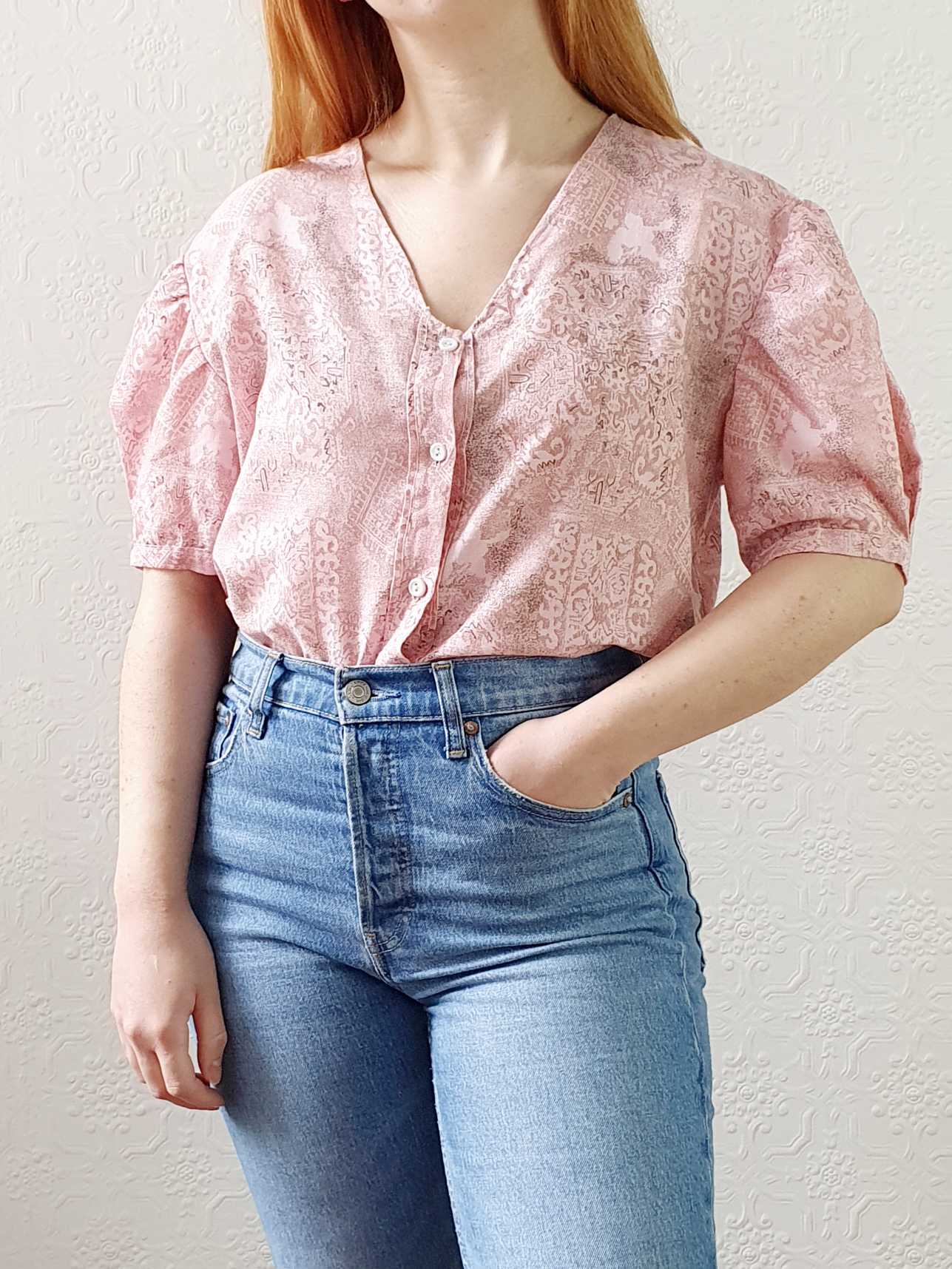 Vintage Pink Puff Sleeve V-Neck Blouse - M/L - Image 7
