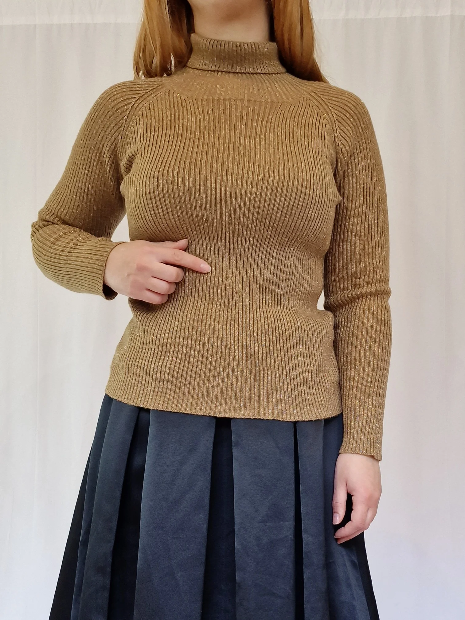 Vintage Polo Neck Long Sleeved Knitted Top with Gold Thread - XS - Image 6