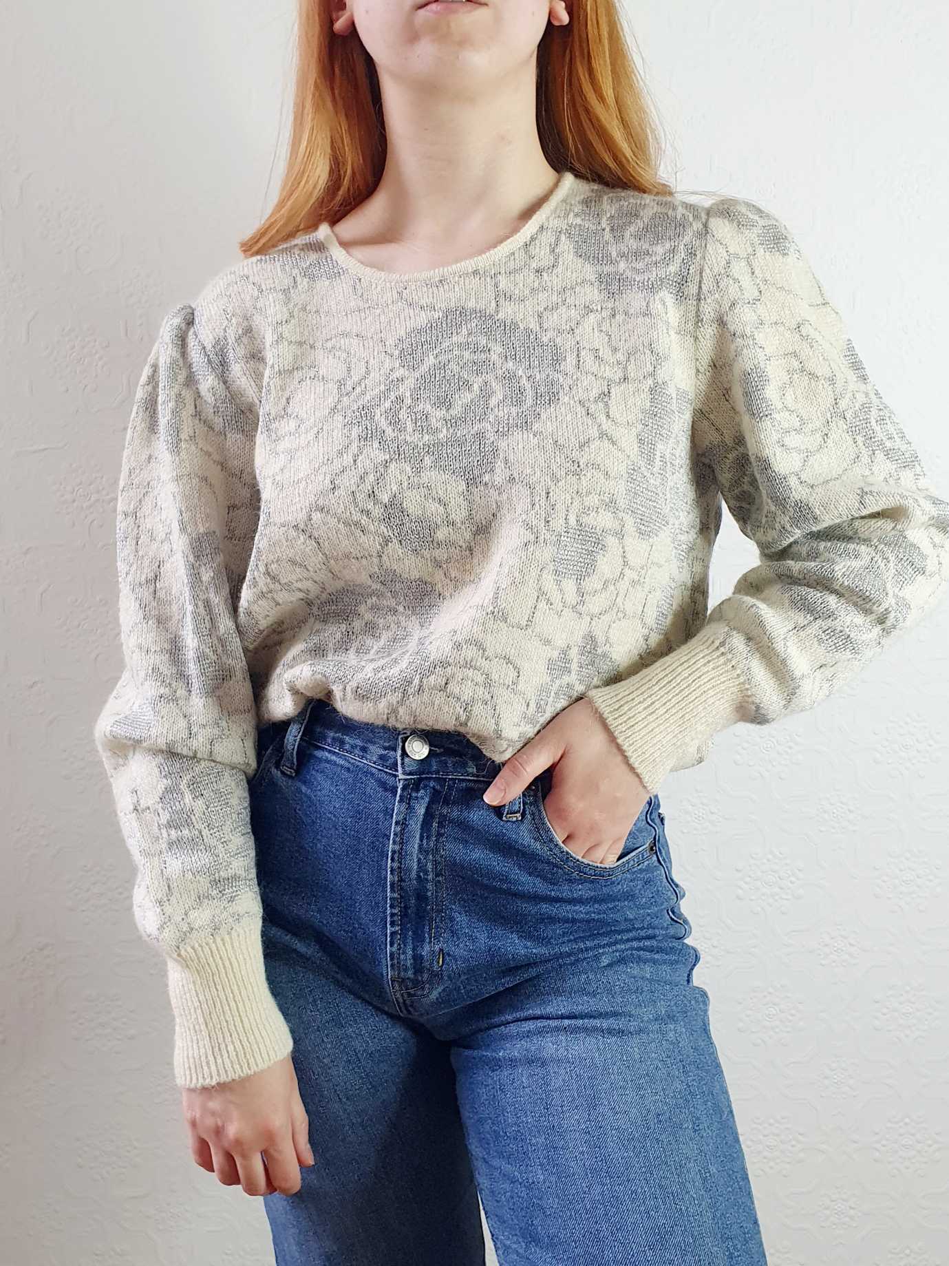 Vintage Puff Sleeve Floral Beige Wool Jumper - L