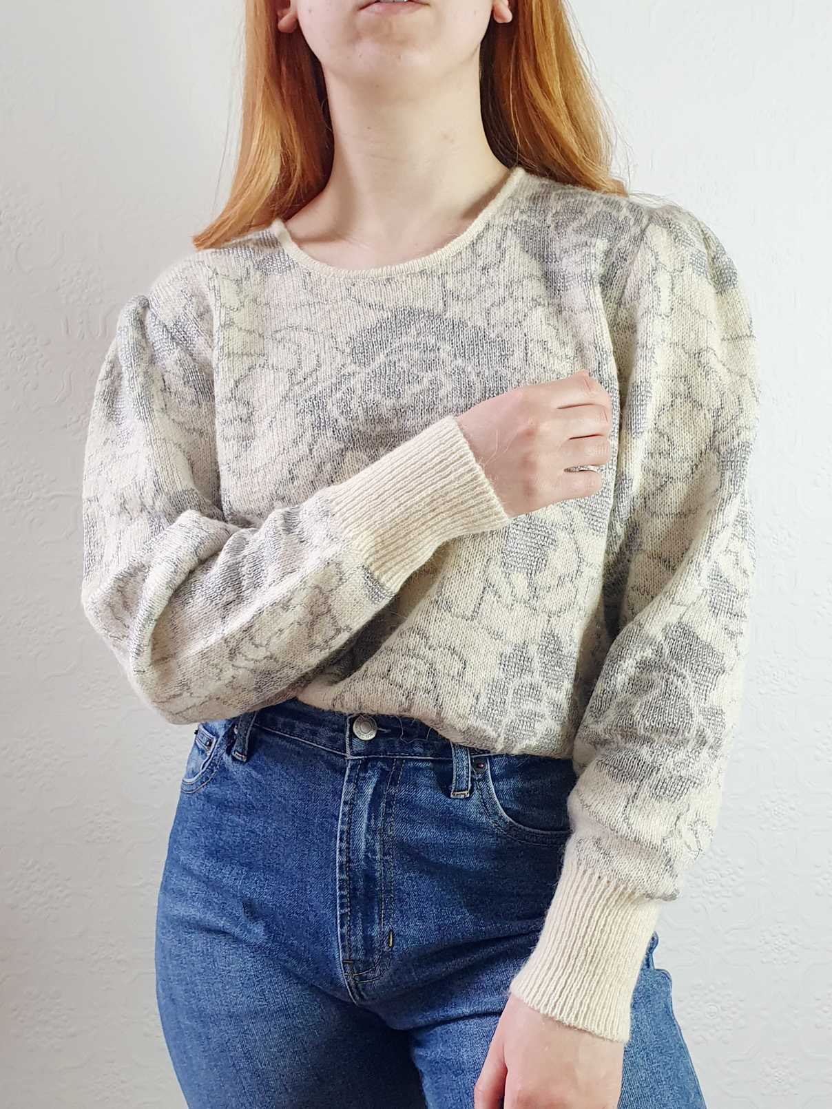 Vintage Puff Sleeve Floral Beige Wool Jumper - L - Image 3