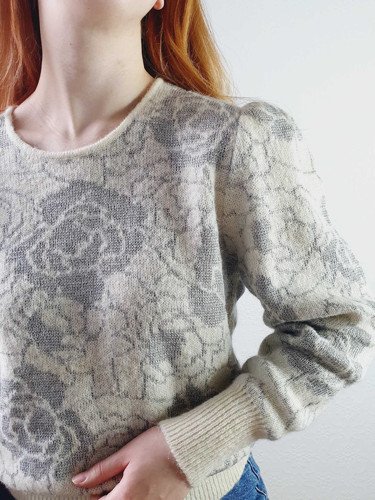 Vintage Puff Sleeve Floral Beige Wool Jumper - L - Image 4
