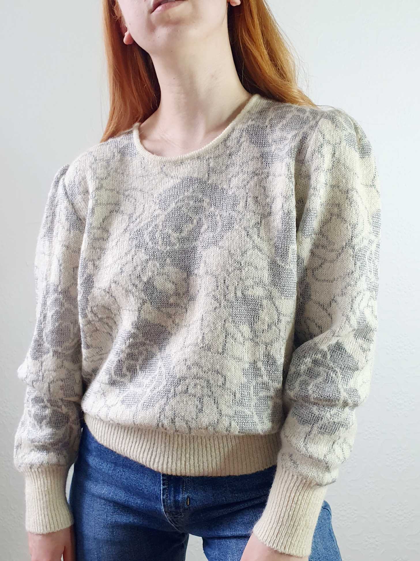 Vintage Puff Sleeve Floral Beige Wool Jumper - L - Image 5