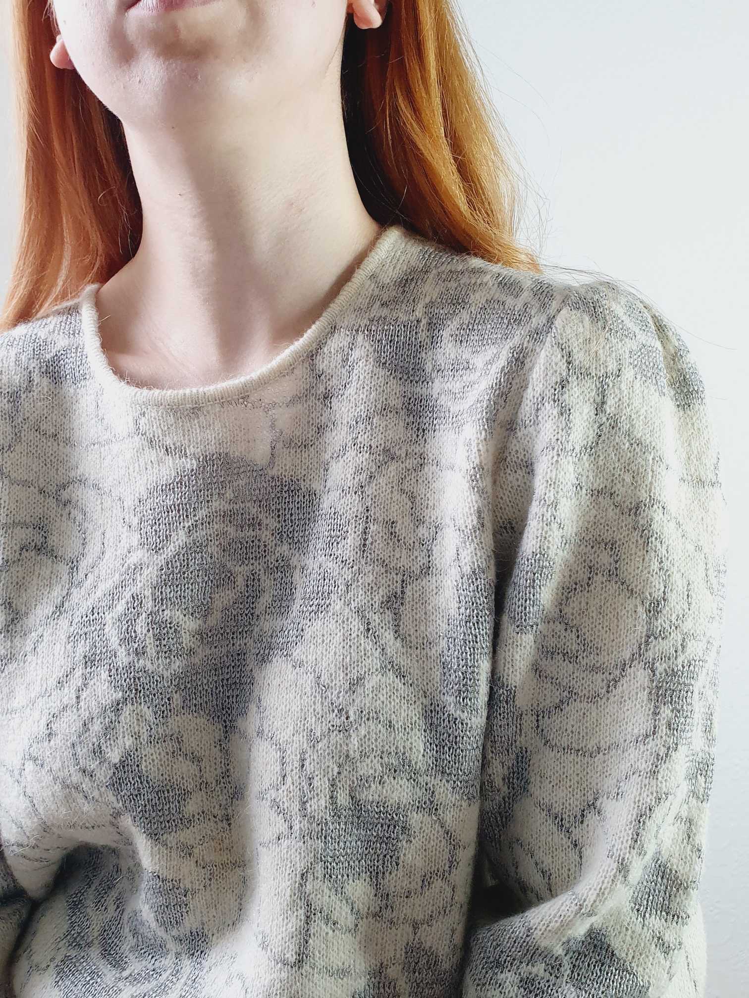 Vintage Puff Sleeve Floral Beige Wool Jumper - L - Image 6