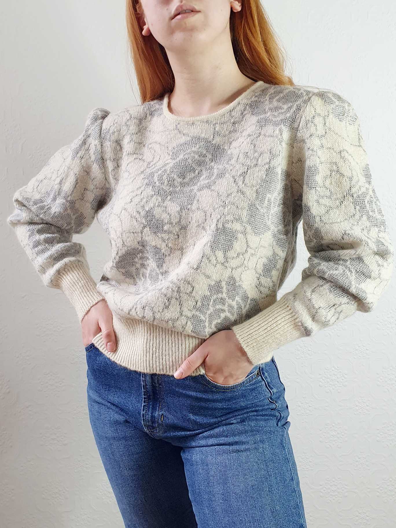 Vintage Puff Sleeve Floral Beige Wool Jumper - L - Image 7