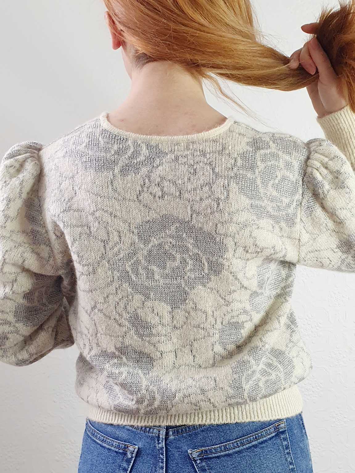 Vintage Puff Sleeve Floral Beige Wool Jumper - L - Image 8