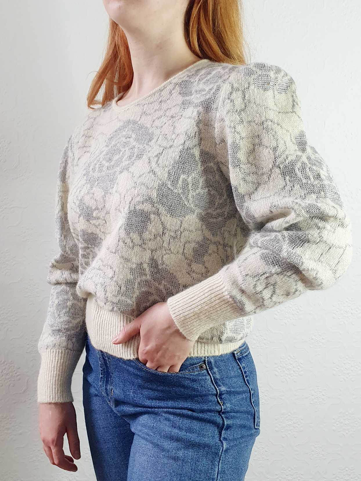 Vintage Puff Sleeve Floral Beige Wool Jumper - L - Image 9