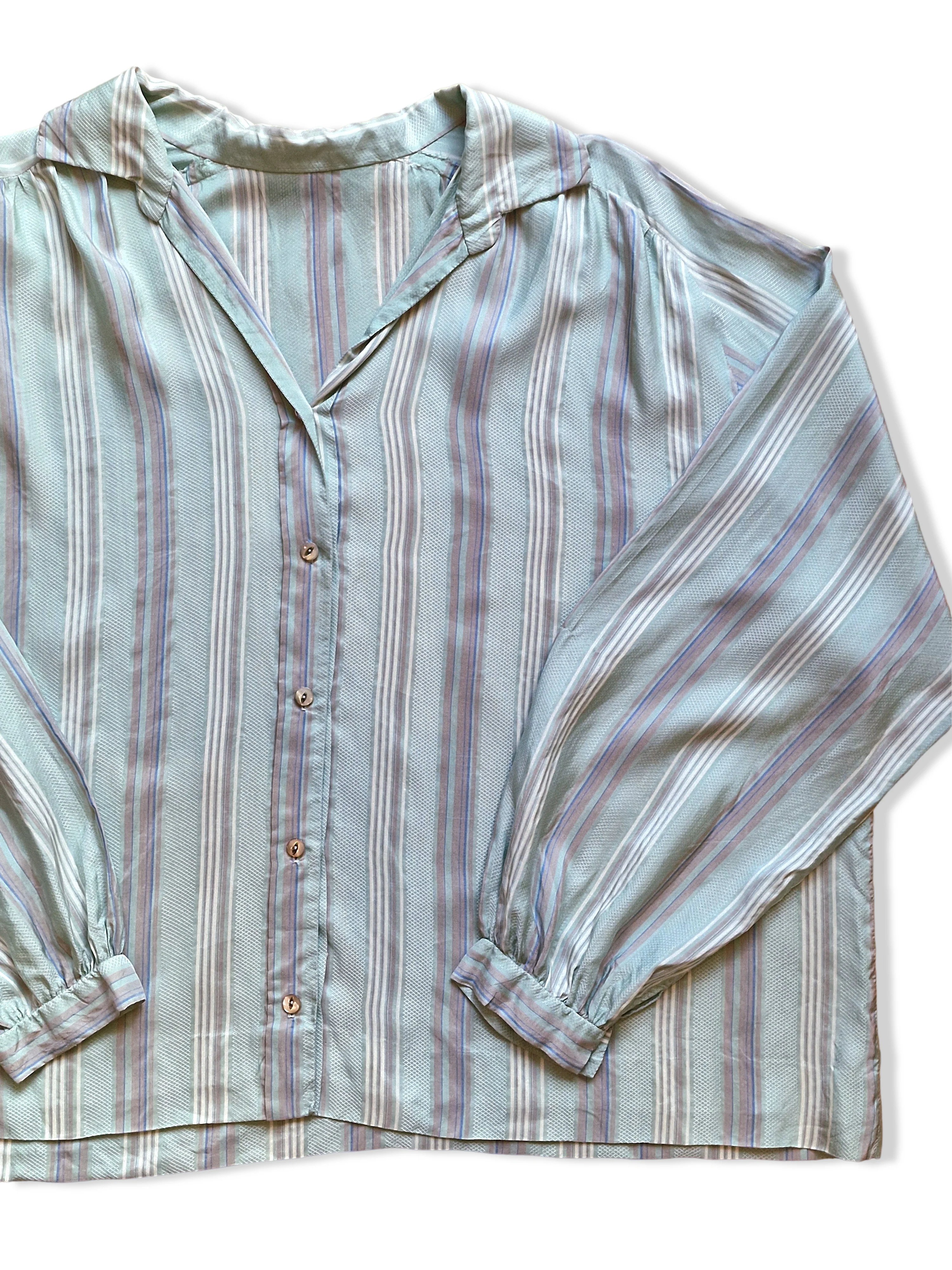 Vintage Pure Silk Light Mint Blue Striped Blouse - L - Image 3